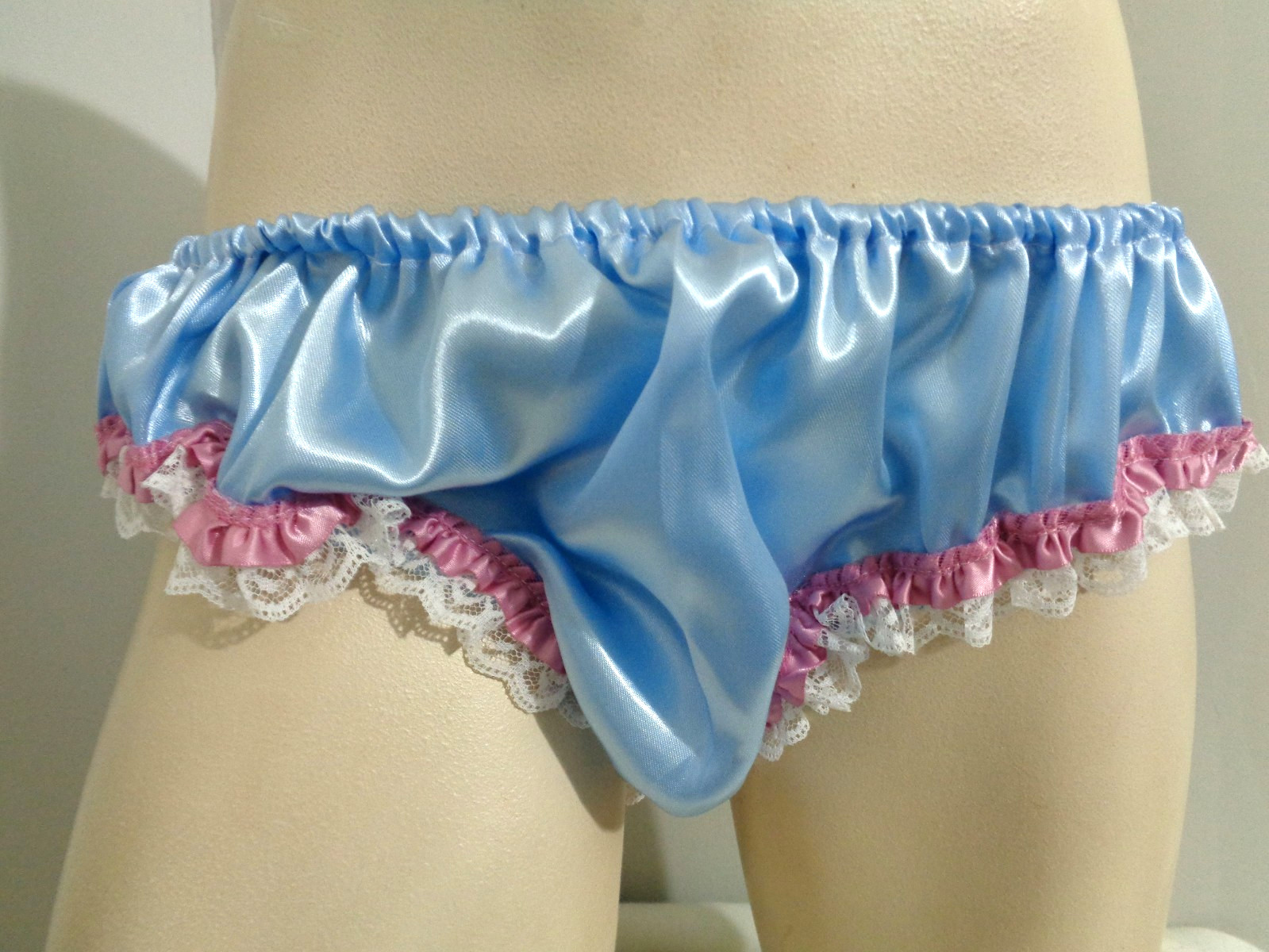 adult sissy handmade powder blue frilly men satiny bikini panties dress-up 34-47
