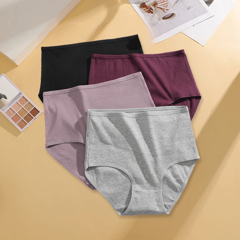 High Waist Cotton Panties Women’s Solid Seamless Soft Stretch Briefs 4 Pcs