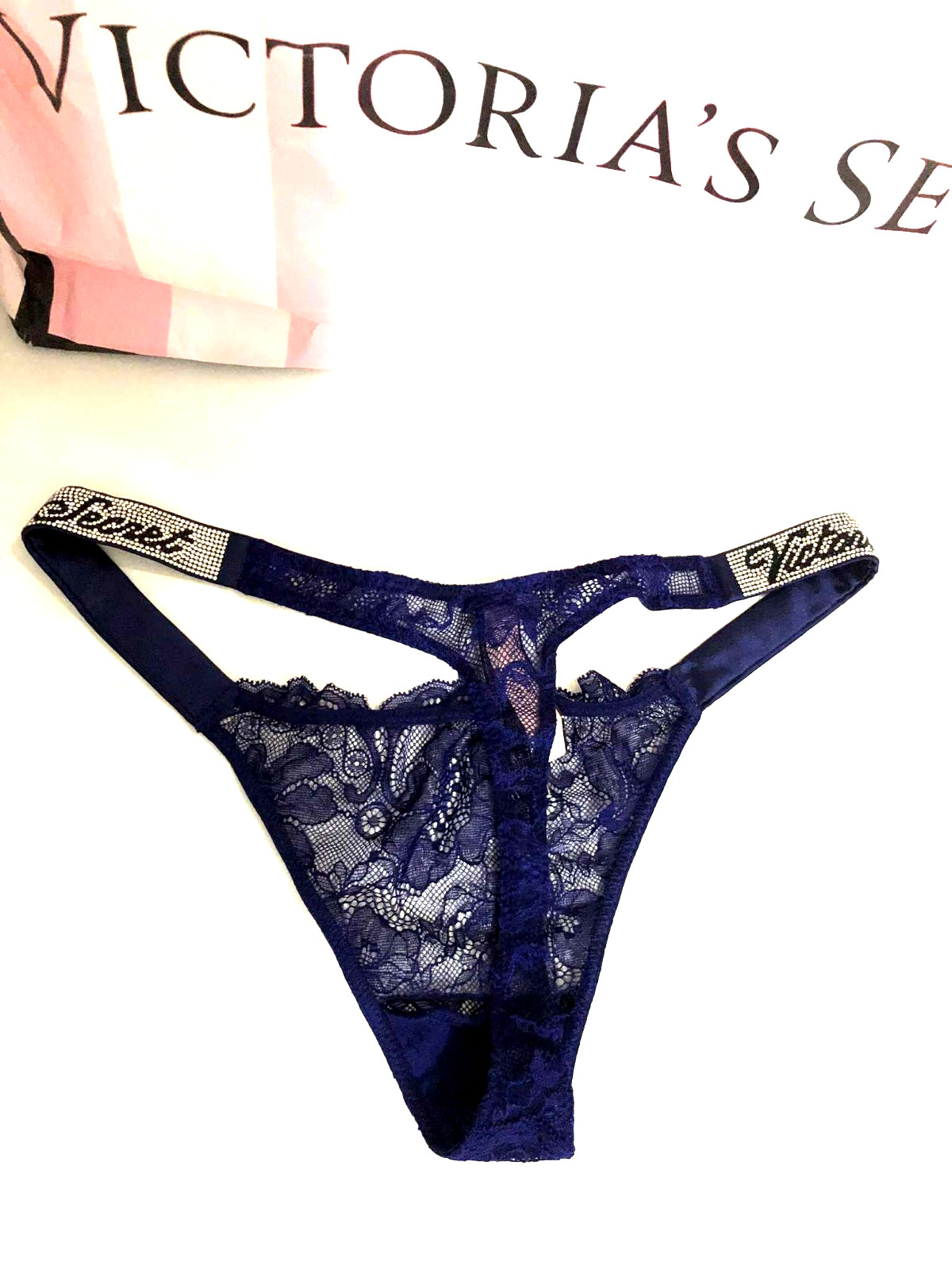 Victoria’s Secret Bombshell Shine Strap Logo Lace Thong Panty Night Ocean Blue M