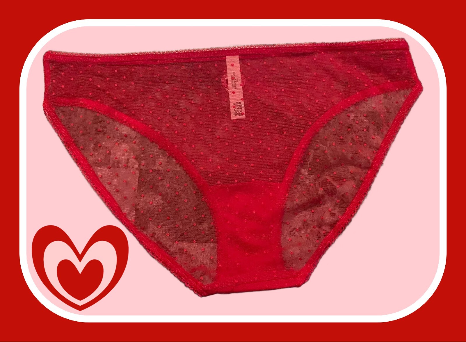 M All Bold Red Polka Dot Mesh w Heart Stretch Victoria’s Secret BIKINI Panty