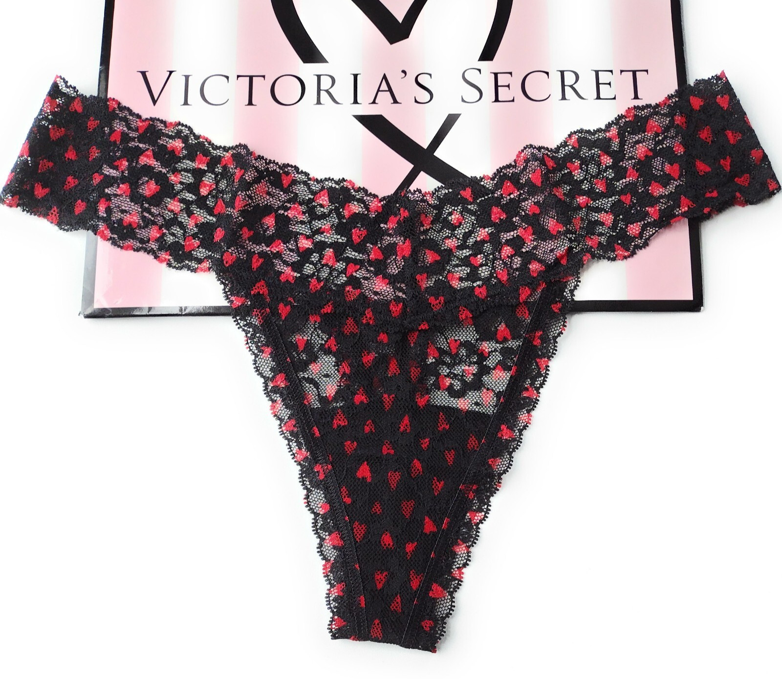 VICTORIA’S SECRET Lace Thong Panty VS Black Red Heart S M L XL 2XL NWT