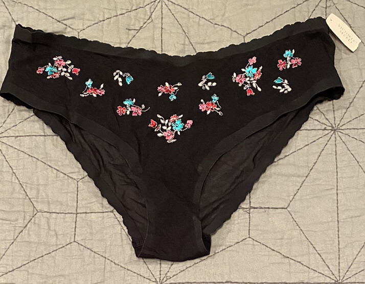Vtg NWT Victoria Secret L Sheer Black Floral Angels Embrace Low Rise Hiphugger