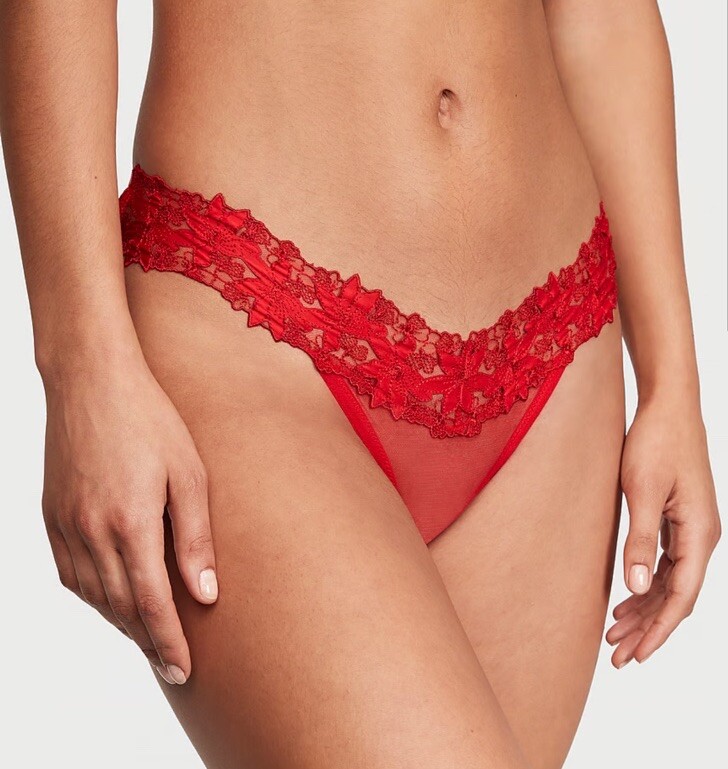 NWT Victoria’s Secret Satin Ziggy Glam Floral Embroidery Crotchless Thong S Red
