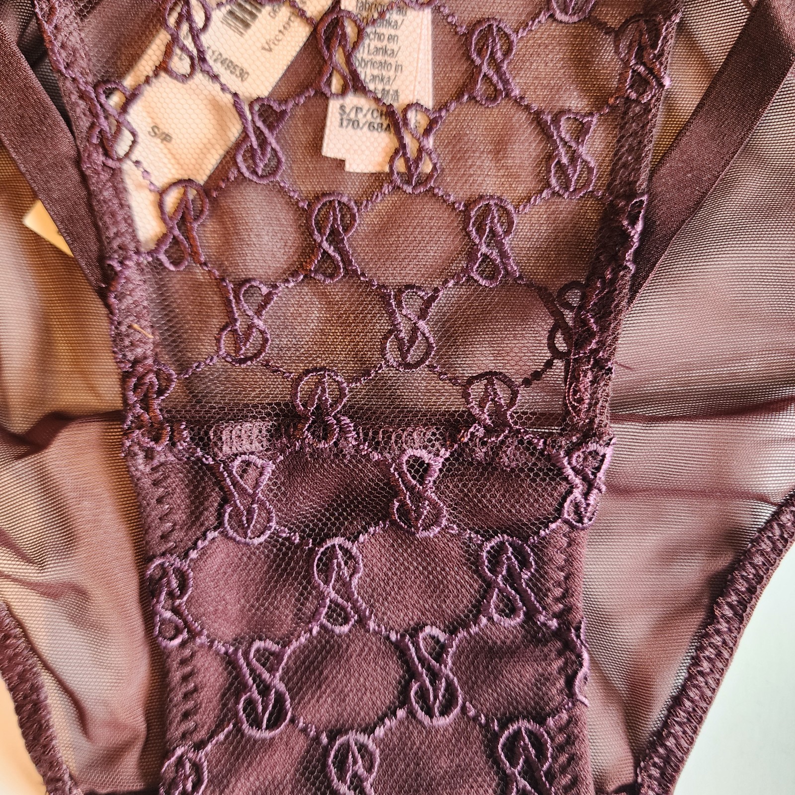 Victoria’s Secret String Bikini NWT Embroidered Logo Burgundy Lace Mesh Size S