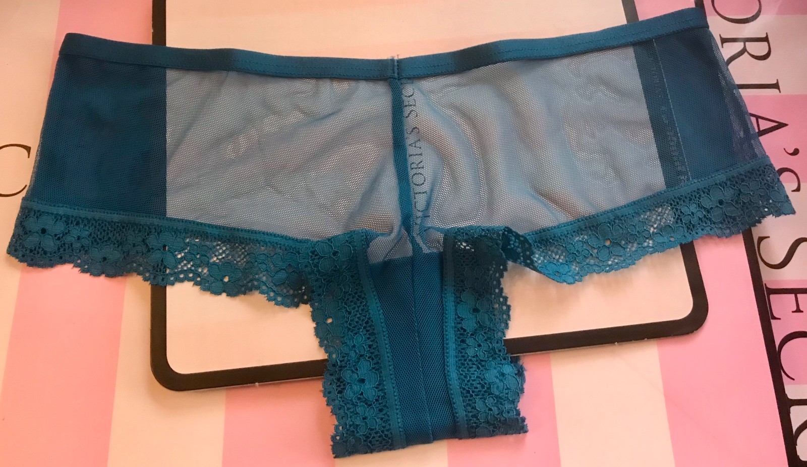 VICTORIA’S SECRET TURQUOISE SHEER MESH LACE PEARL STRING CUTOUT CHEEKY PANTIES