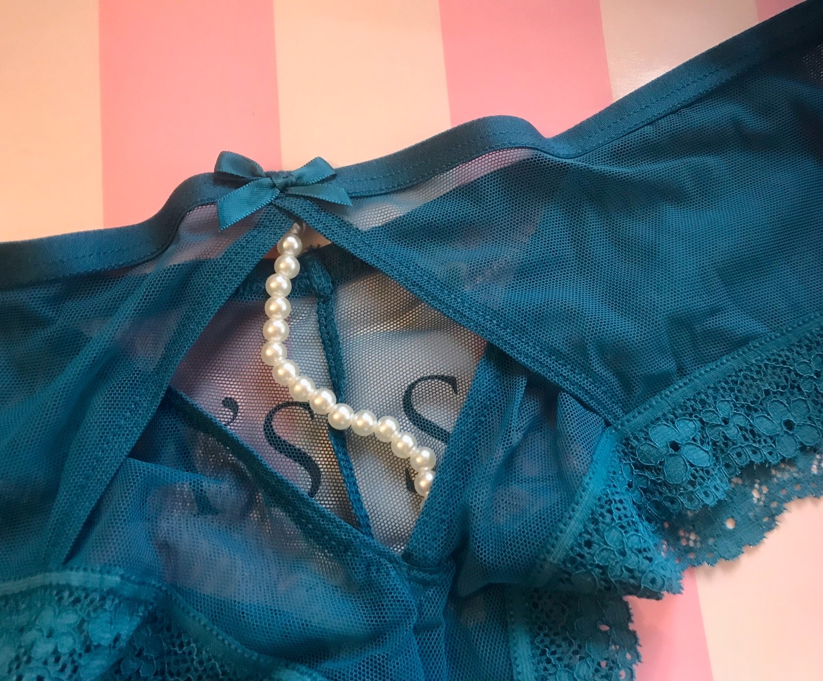 VICTORIA’S SECRET TURQUOISE SHEER MESH LACE PEARL STRING CUTOUT CHEEKY PANTIES