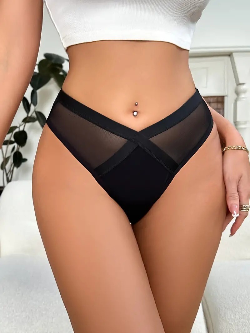 Black Sheer & Opaque Cross Front Mesh Sexy Women’s Panty Briefs Knickers K42