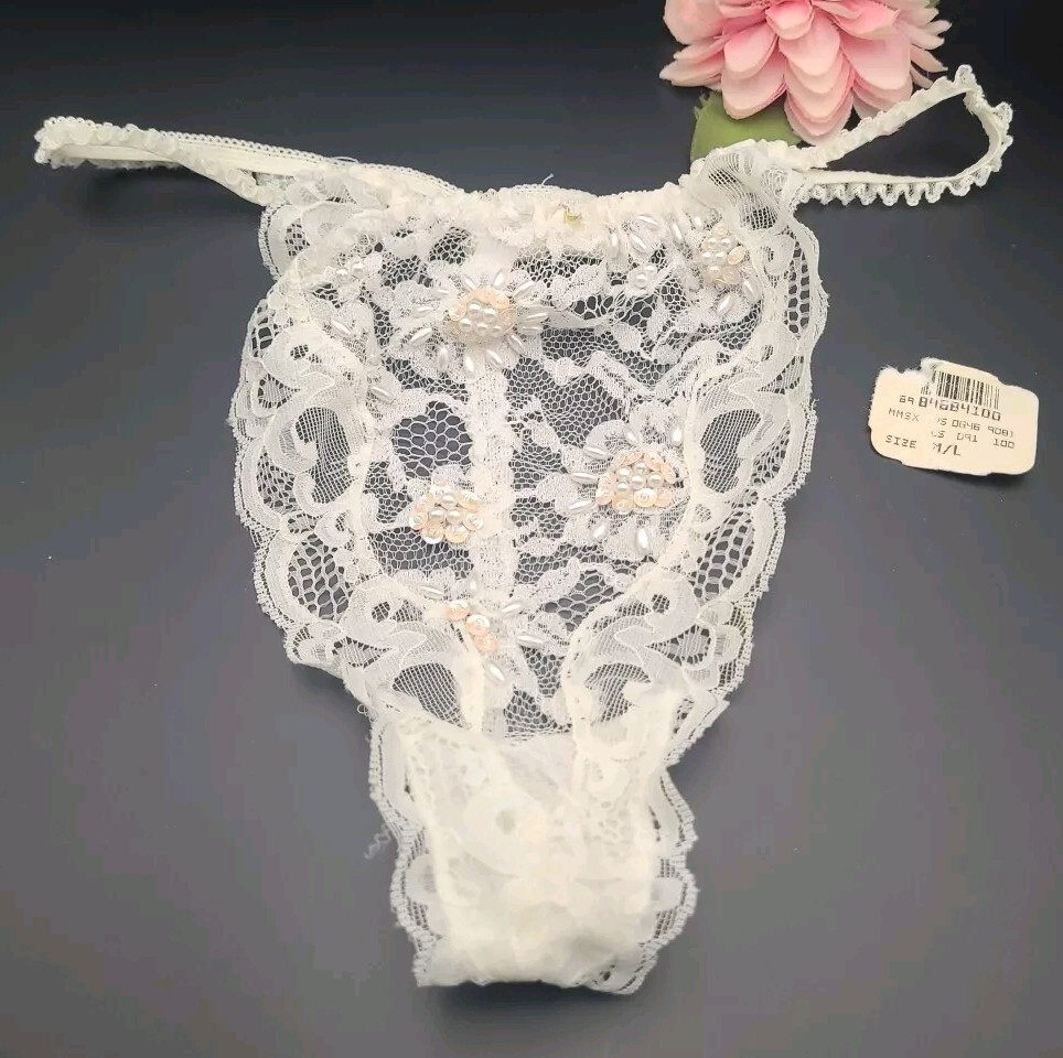 VTG M/L Victorias Secret 80’s 90’s T String G String Thong Panties Beaded Lace