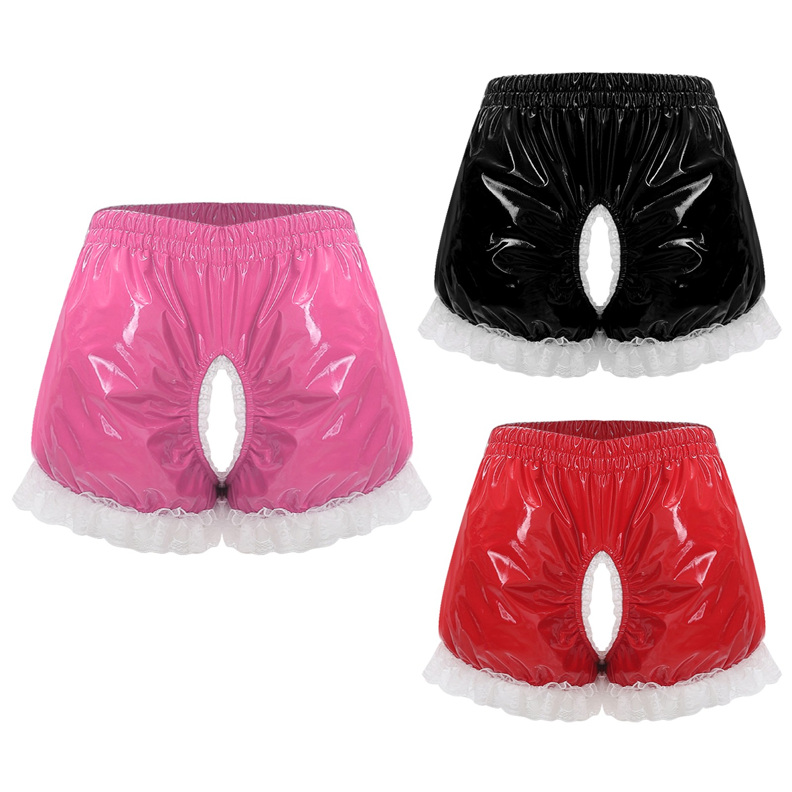 Womens Pu Leather Ruched Crotchless Shorts Floral Lace Trim Pumpkin Pantloons