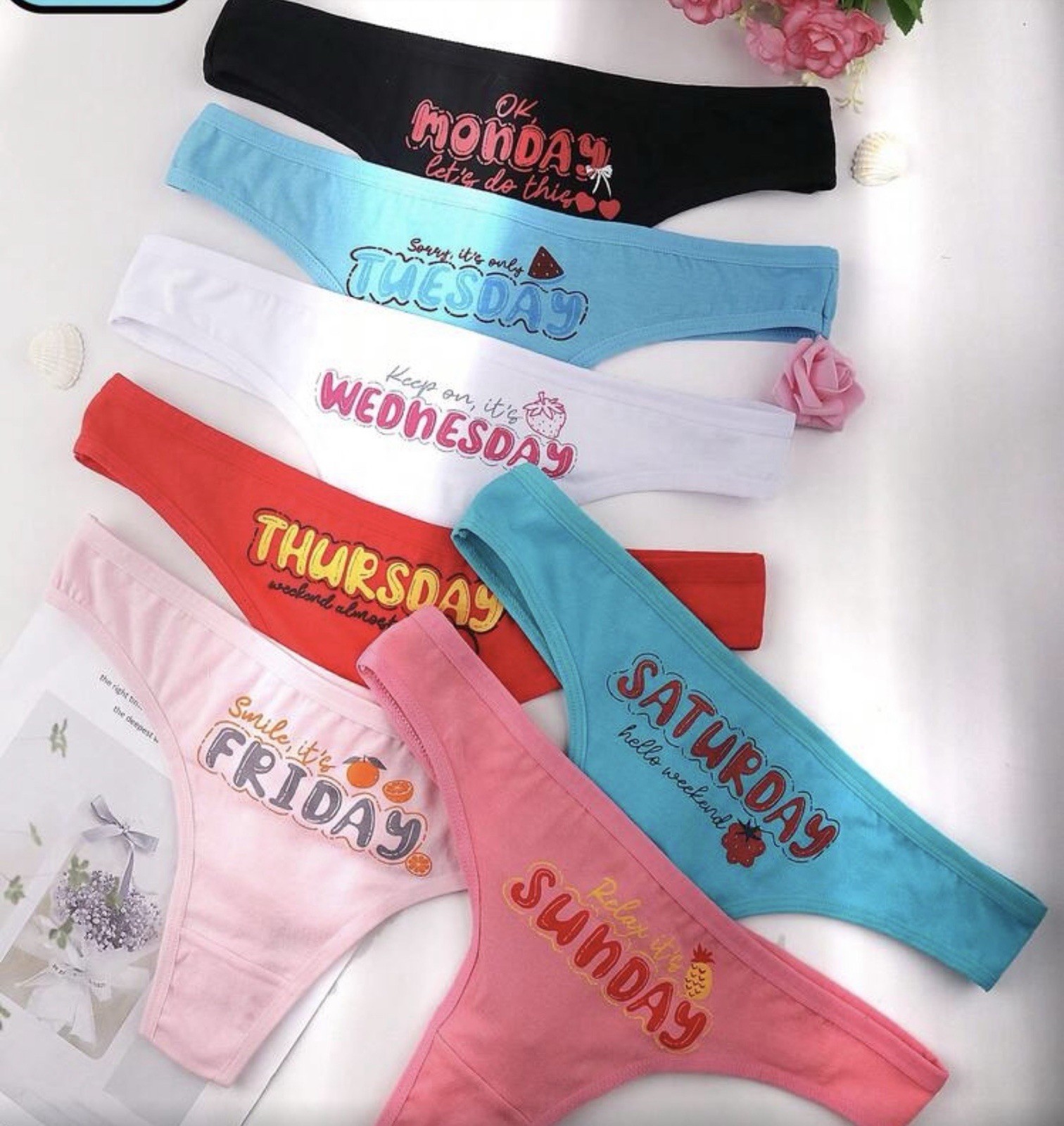 Women’s Days of the Week Print Thong Panties Red Pink Blue White Black 7pk Large