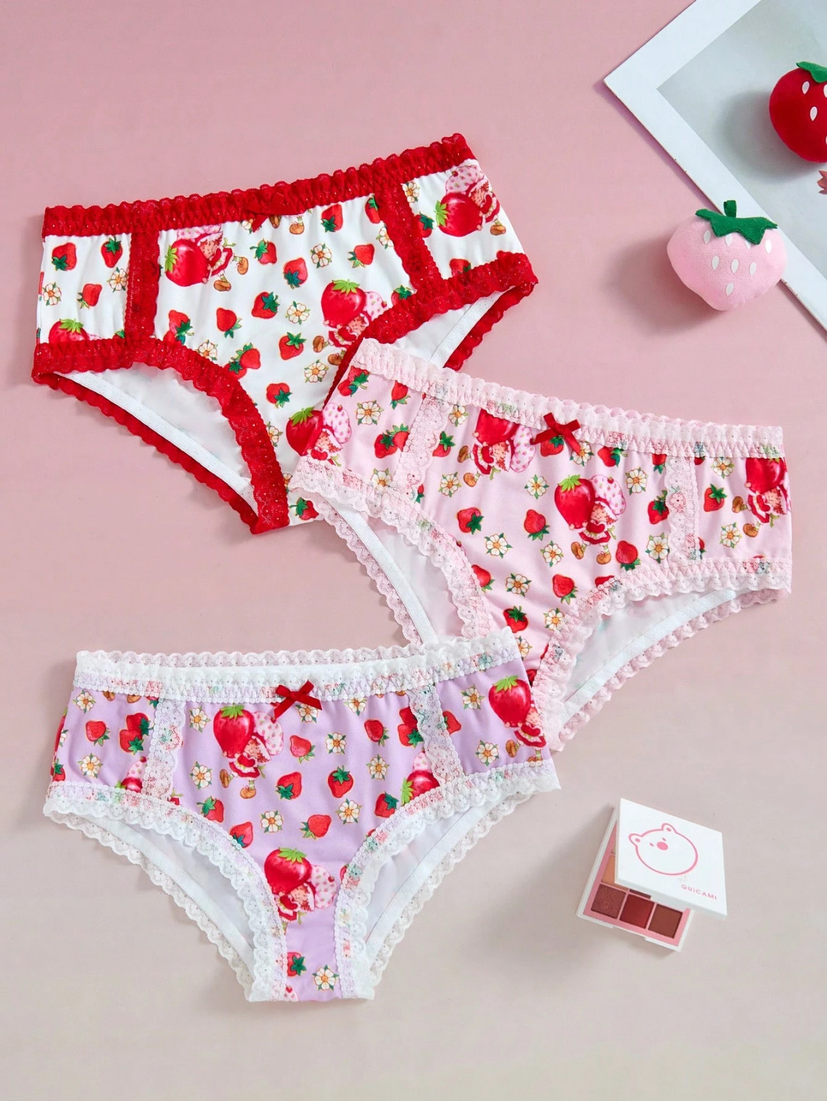 Women’s Strawberry Shortcake Kawaii Cute Pink Red Lace Brief Panties – Pack of 3