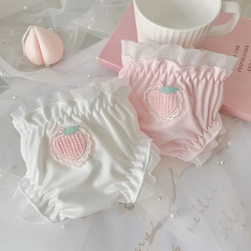 Strawberry Panties Women Satin Sweet Ruffle Briefs Cute Peach Kawaii Underwear