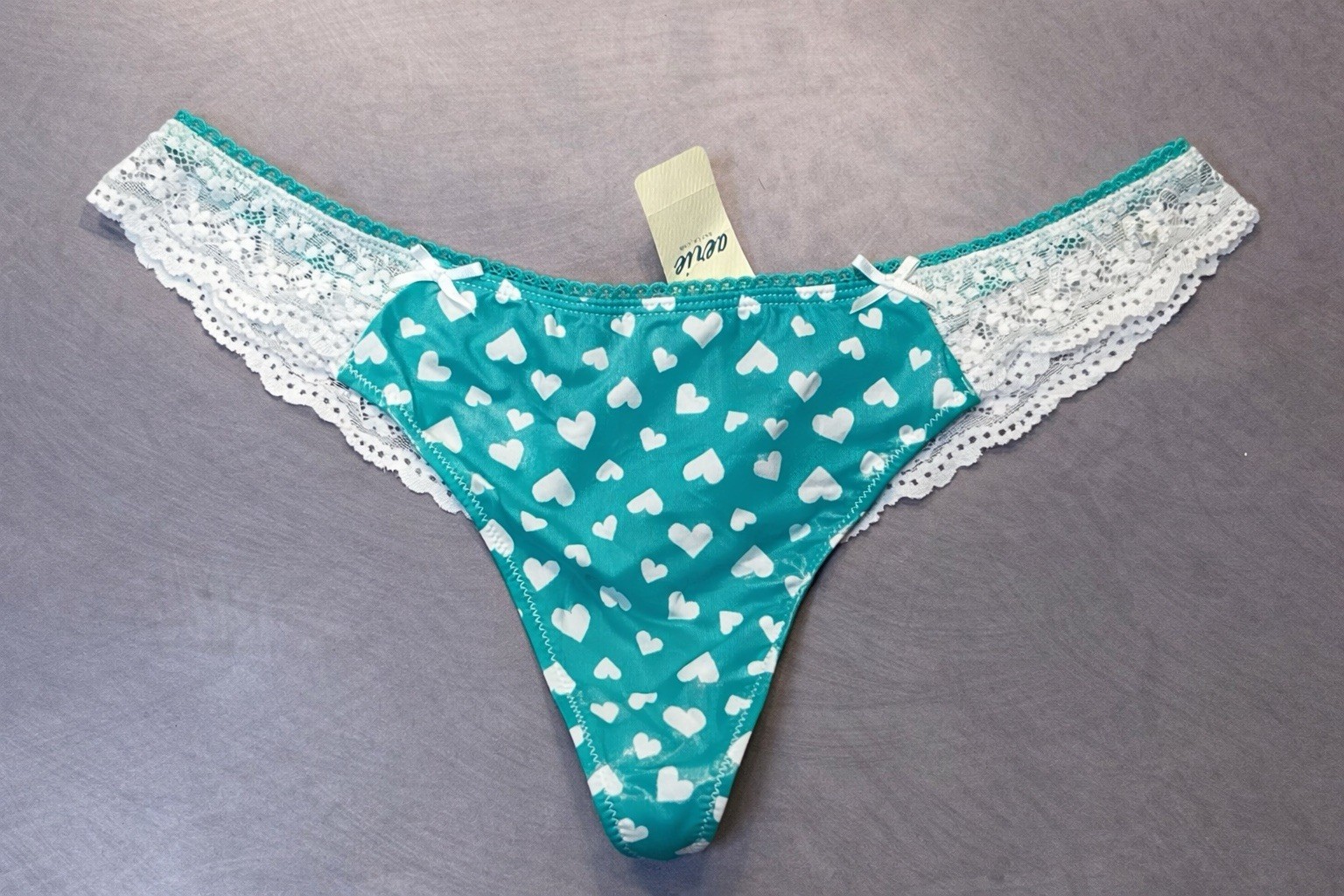Vintage Aerie Teal White Polka Dot Heart Silky Smooth V-String Thong Large NWT