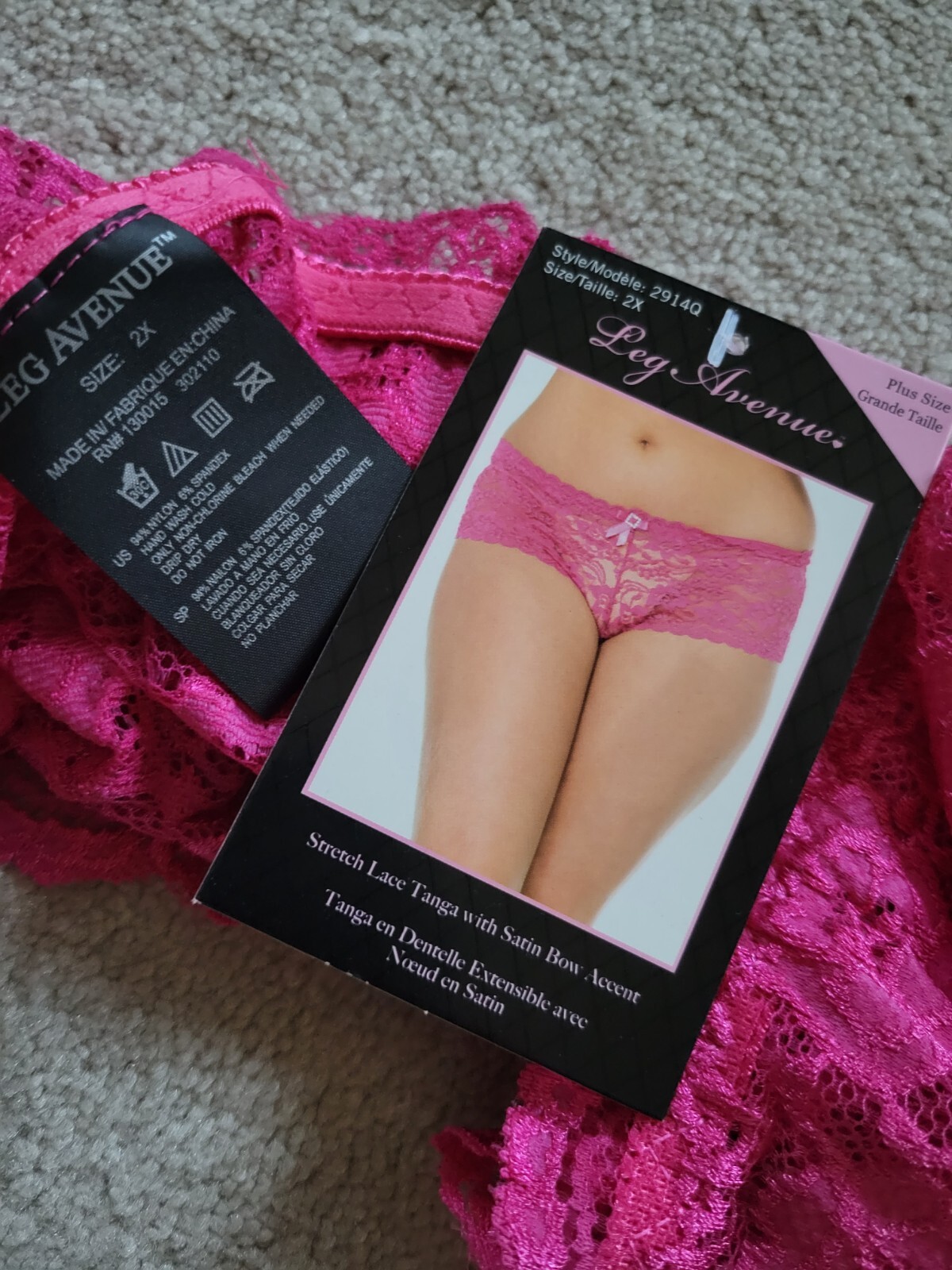 Leg Avenue Pink Stretch Lace Tanga with Satin Bow Accent panty Underwear Sz 2X
