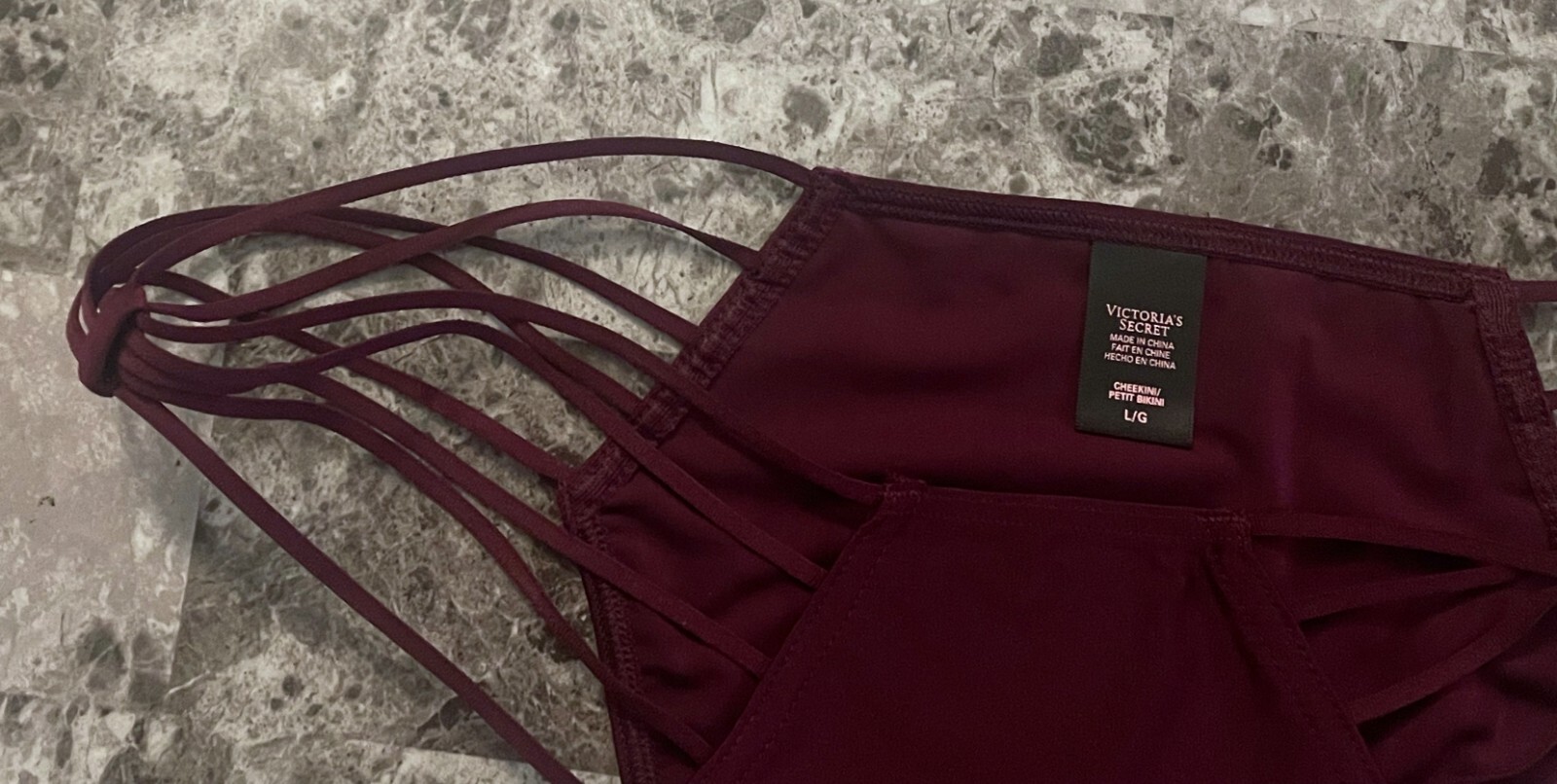 VICTORIA’S SECRET L MAROON BURGUNDY SATIN SMOOTH STRAPPY RARE CHEEKINI PANTIES