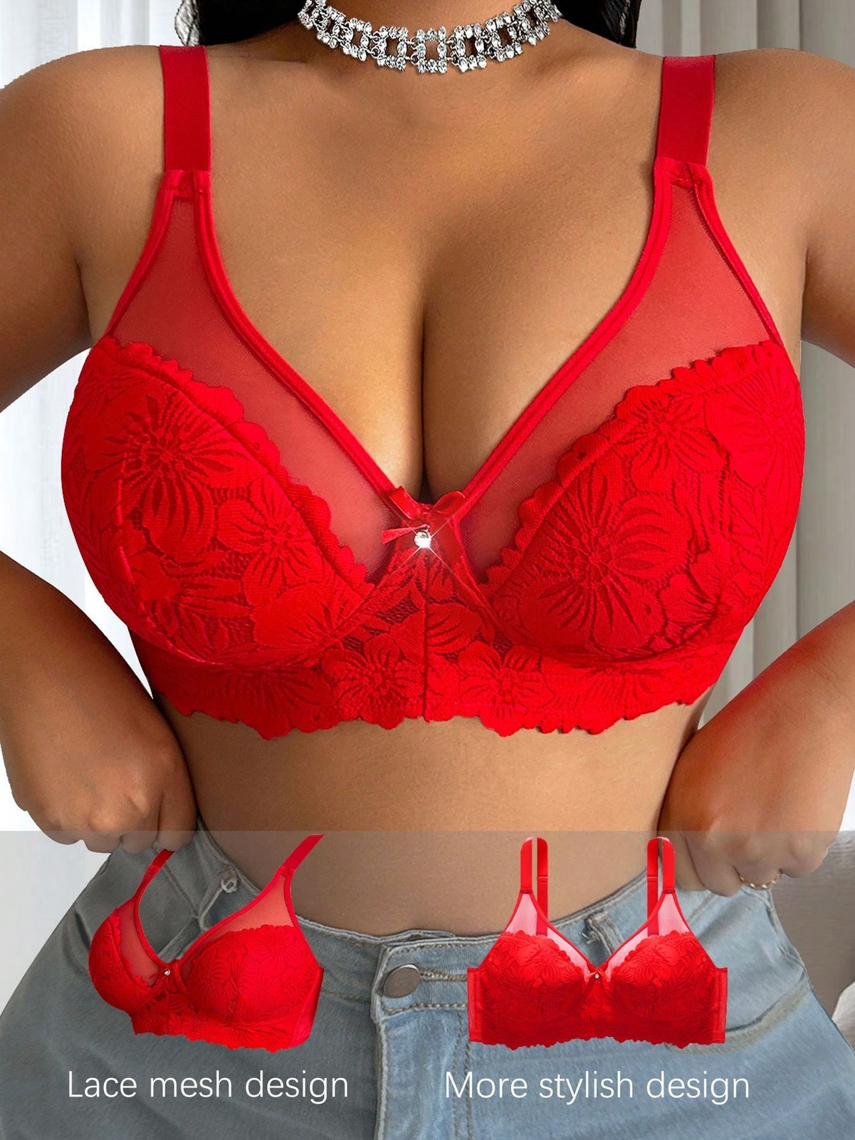 Ladies Plus Size Fashion Lace Patchwork Underwired Bra Cheap24