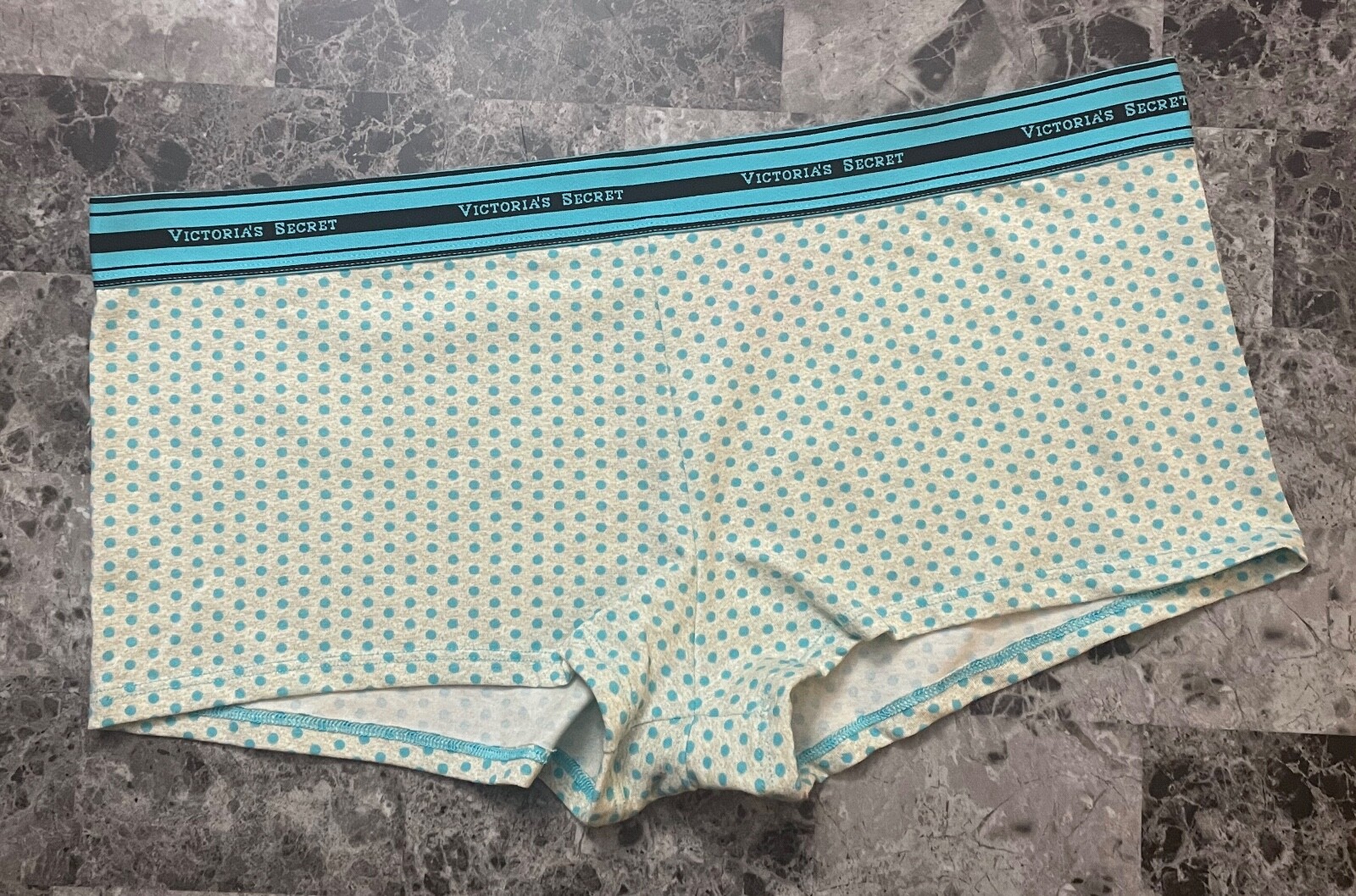 VICTORIA’S SECRET XL GRAY BLUE POLKA DOT THICK LOGO BAND RARE SHORTIE PANTIES