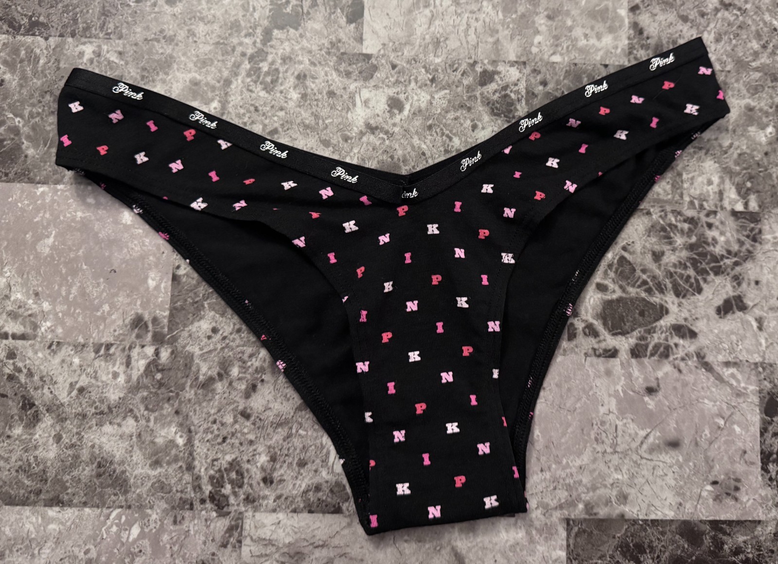 NWT VICTORIA’S SECRET PINK BLACK PINK LOGO BAND V STYLE TANGA CHEEKY PANTIES