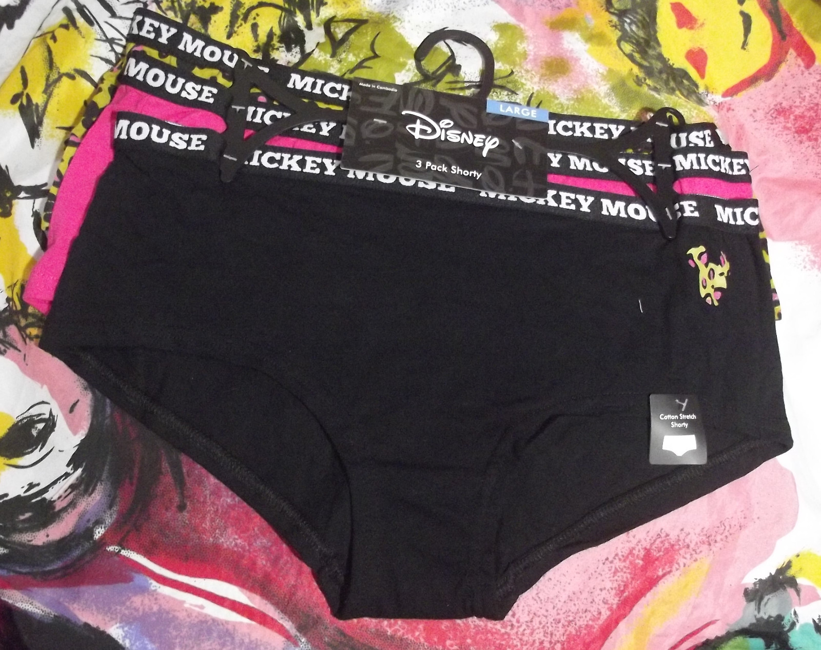 3 DISNEY BRIEFLY STATED 43MK901W1HZA BLK MICKEY MOUSE COTTON BOYSHORT PANTIES L