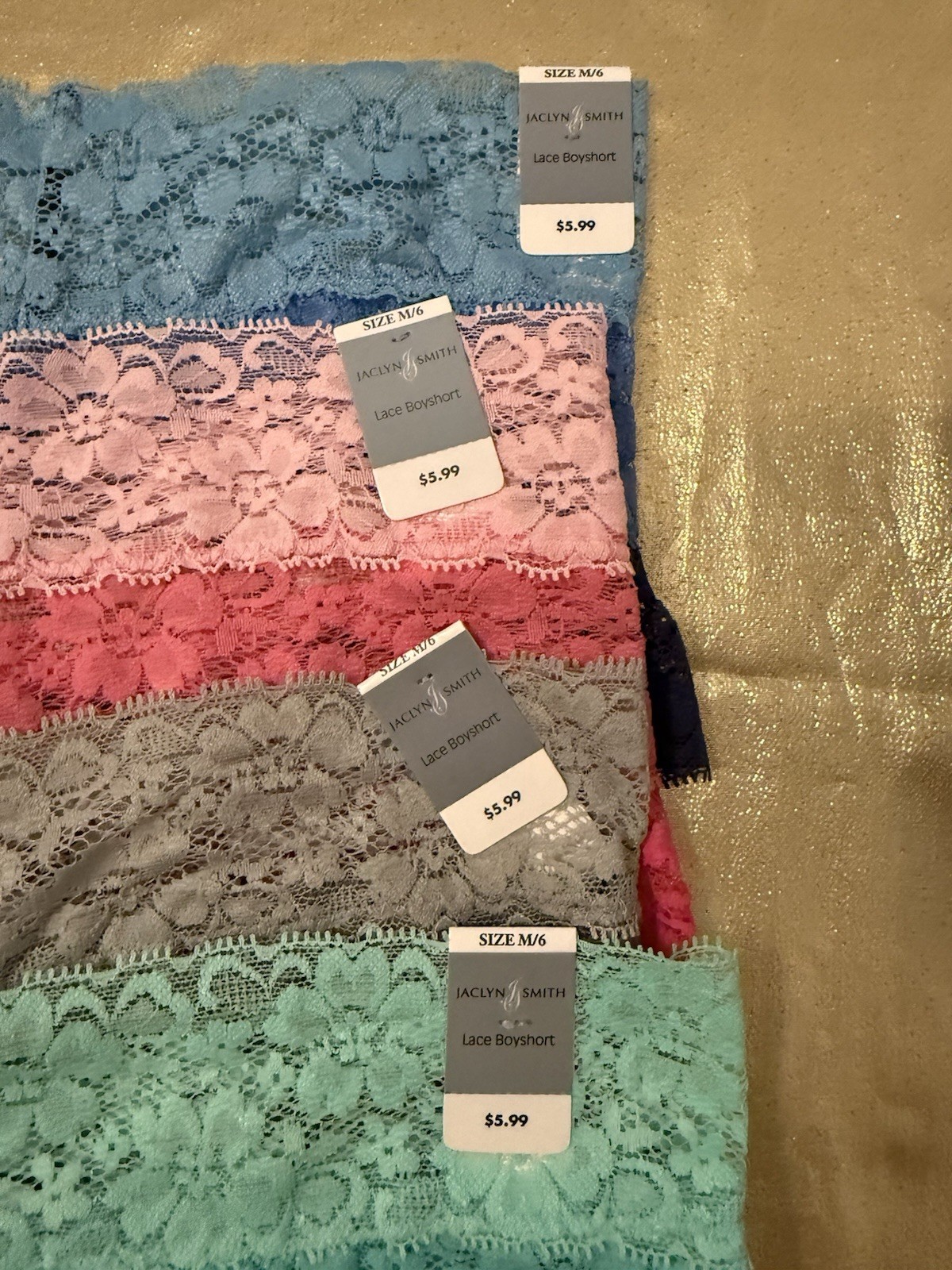 NWT 4 Pack Jaclyn Smith Stretchy Lace Boyshort Panties Colors Shown Size M/6