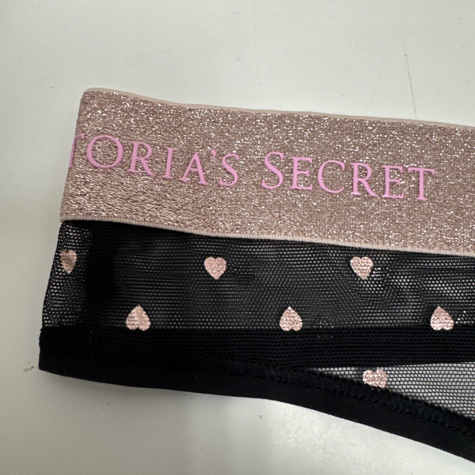 Victoria’s Secret Black Polyester Mesh Pink Glitter Band Thong Panties Sz XL New