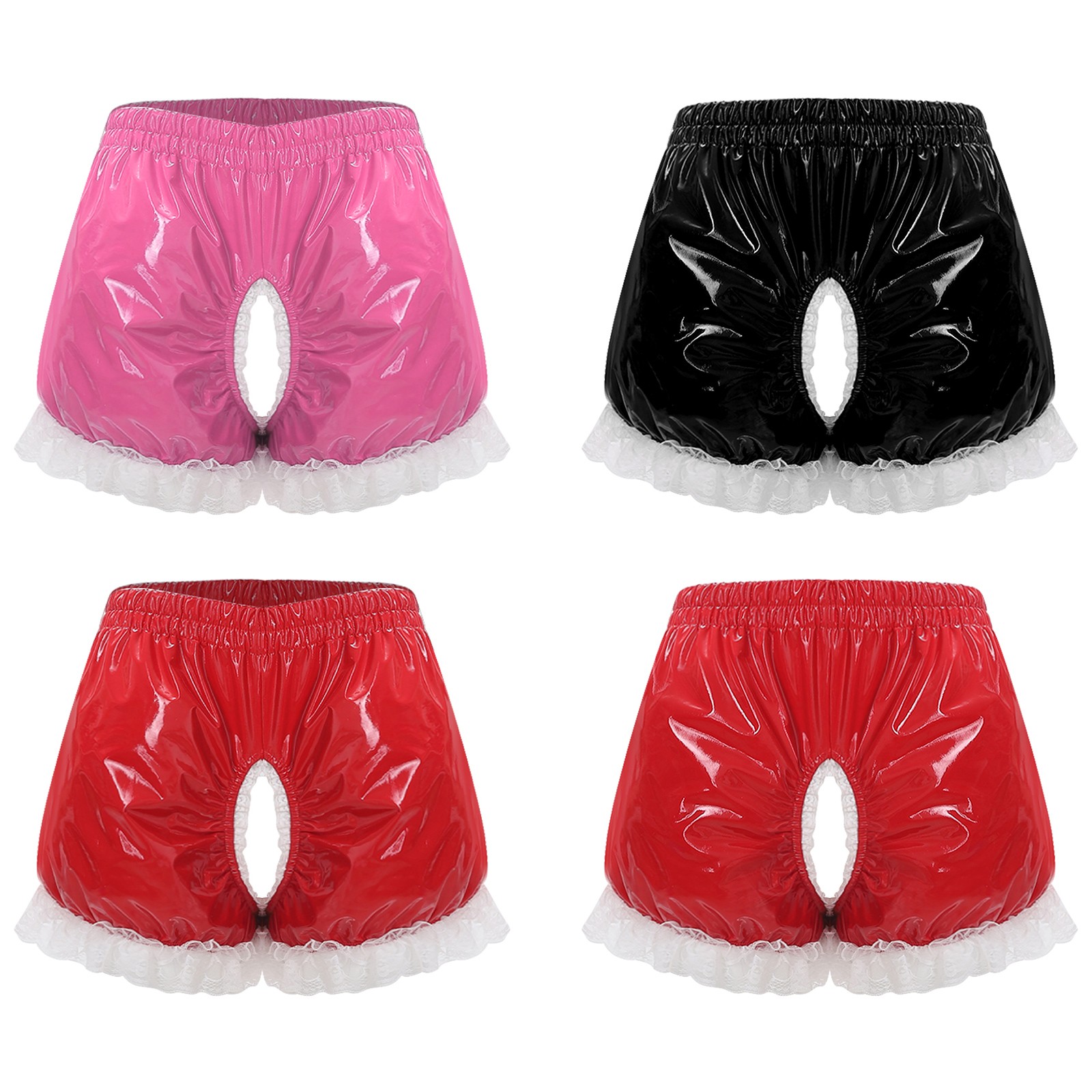 Womens Pu Leather Ruched Crotchless Shorts Floral Lace Trim Pumpkin Pantloons