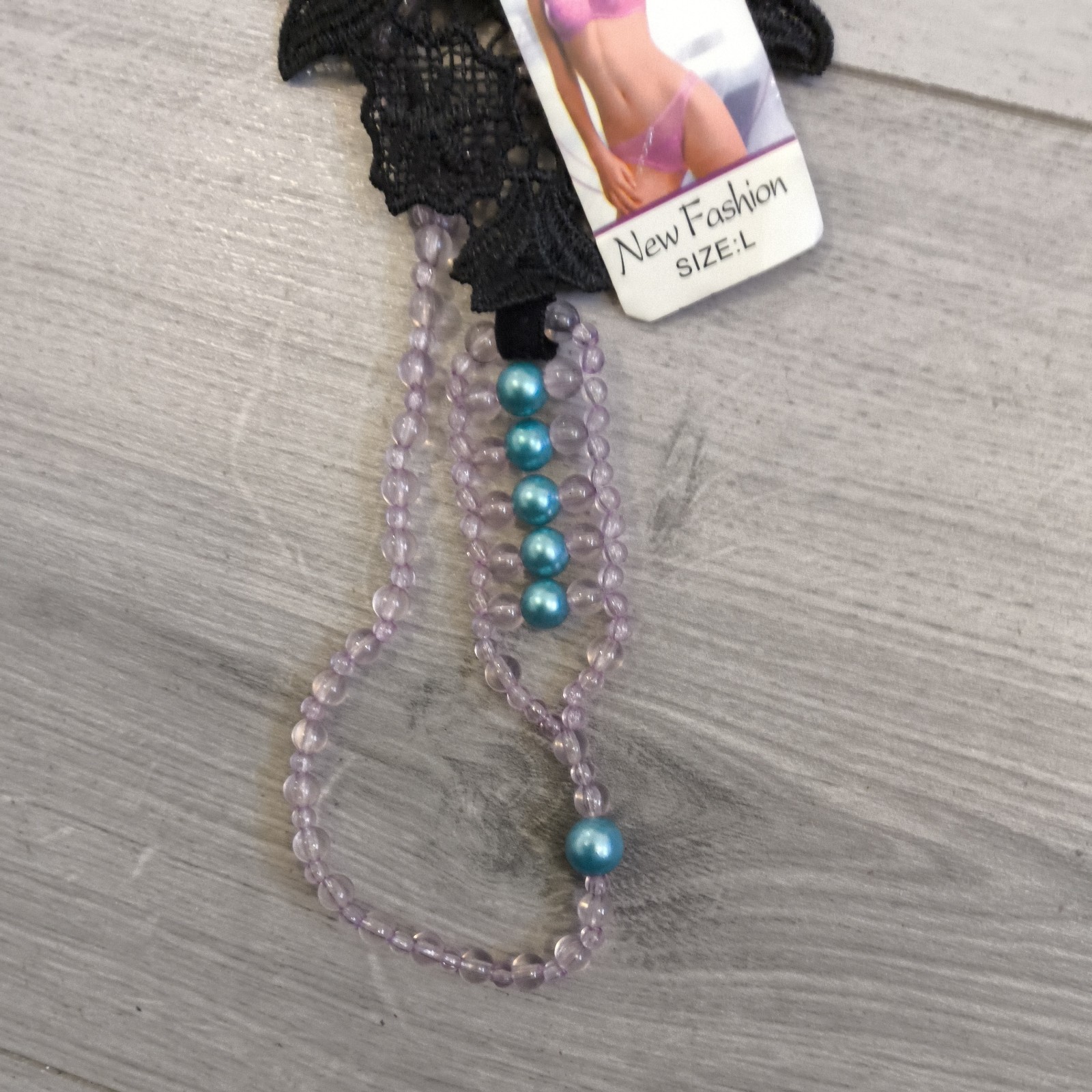 BNWT Bixtra Black Embroidered G String Thong Bead Chain Crotch Size 6-8