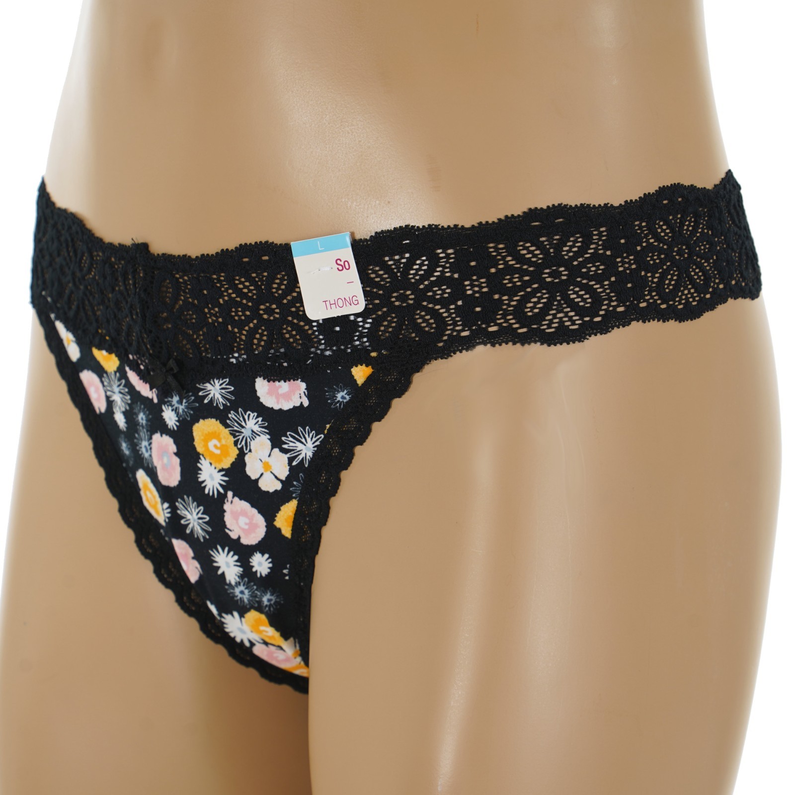 SO Junior’s Size 11-13 LARGE Black DAISY LACE Floral Print THONG PANTY #SO83-010