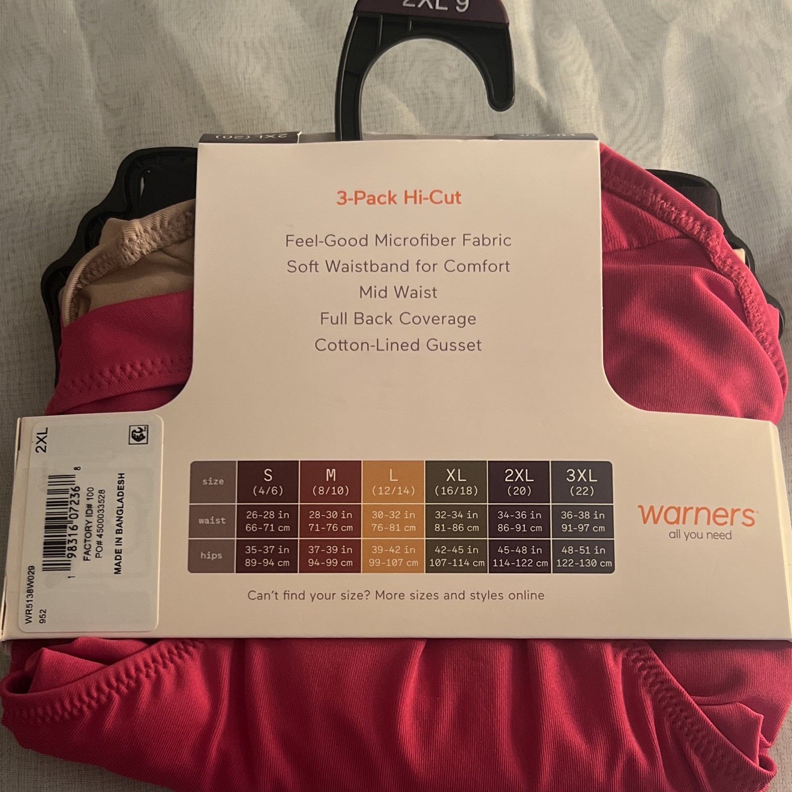 Warner’s Microfiber Hi-Cut Panties Comfort Waistband 3 Pack 2XL Solid