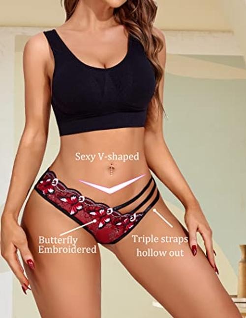 Sexy Panties for Women Butterfly Embroidered Underwear Mesh Small Red-1 Pack
