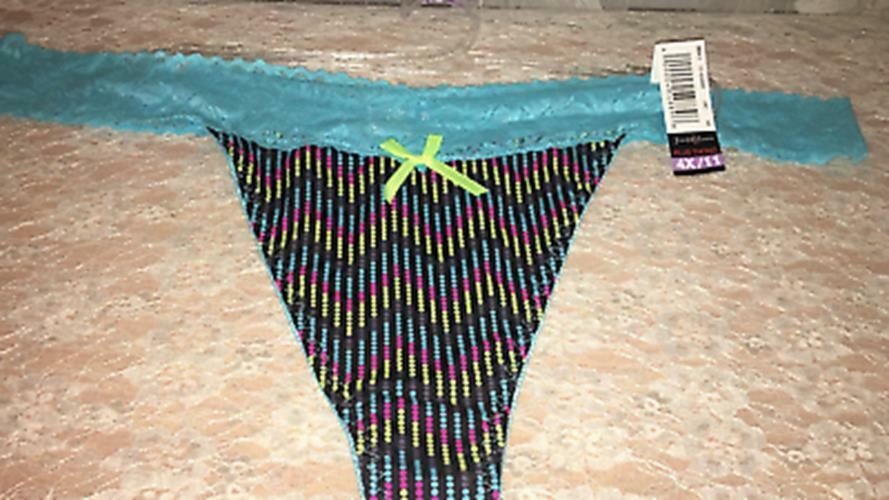Jennifer Lauren Plus Size Thong Panty 4X 11 Multi Dots Aqua Lace Trim