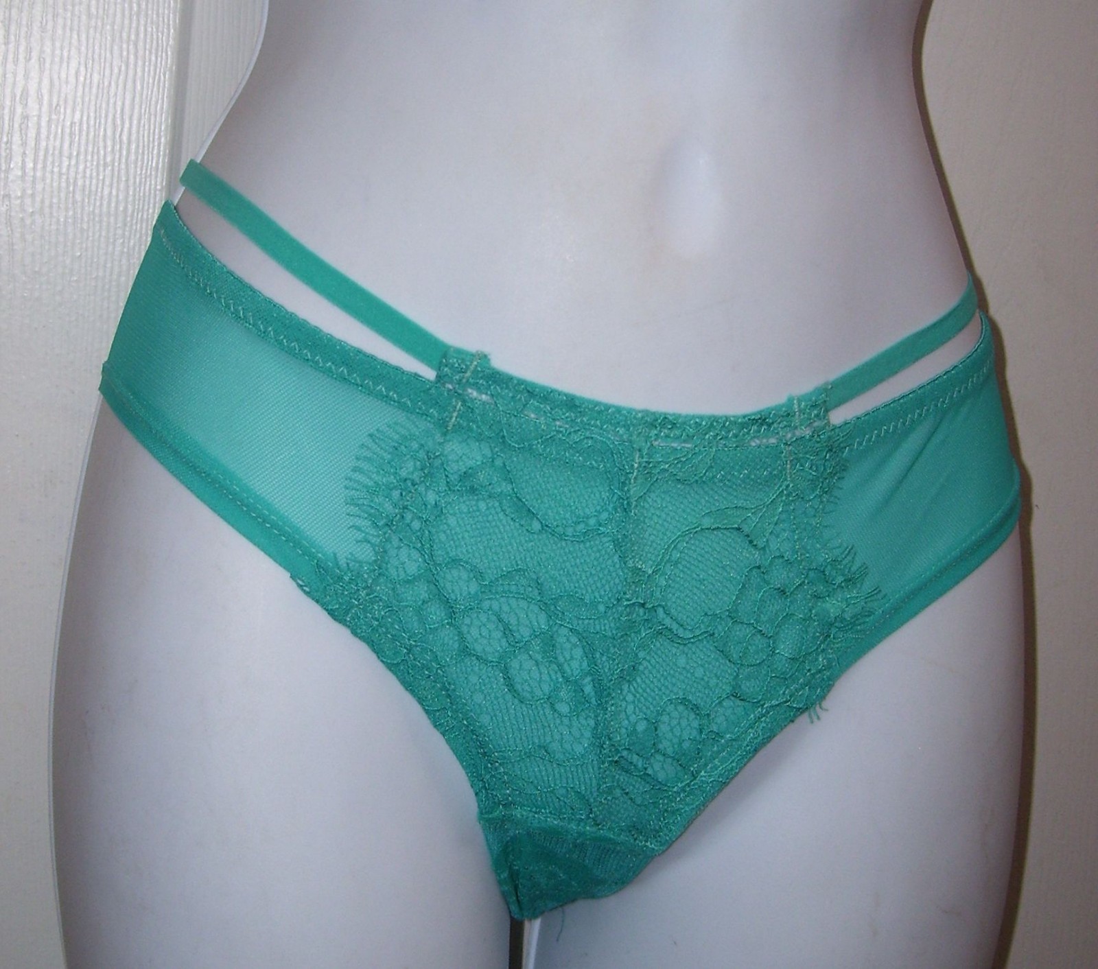 Women’s Medium Turquoise Blue Panties Semi Sheer Bikini Style Lace Trim