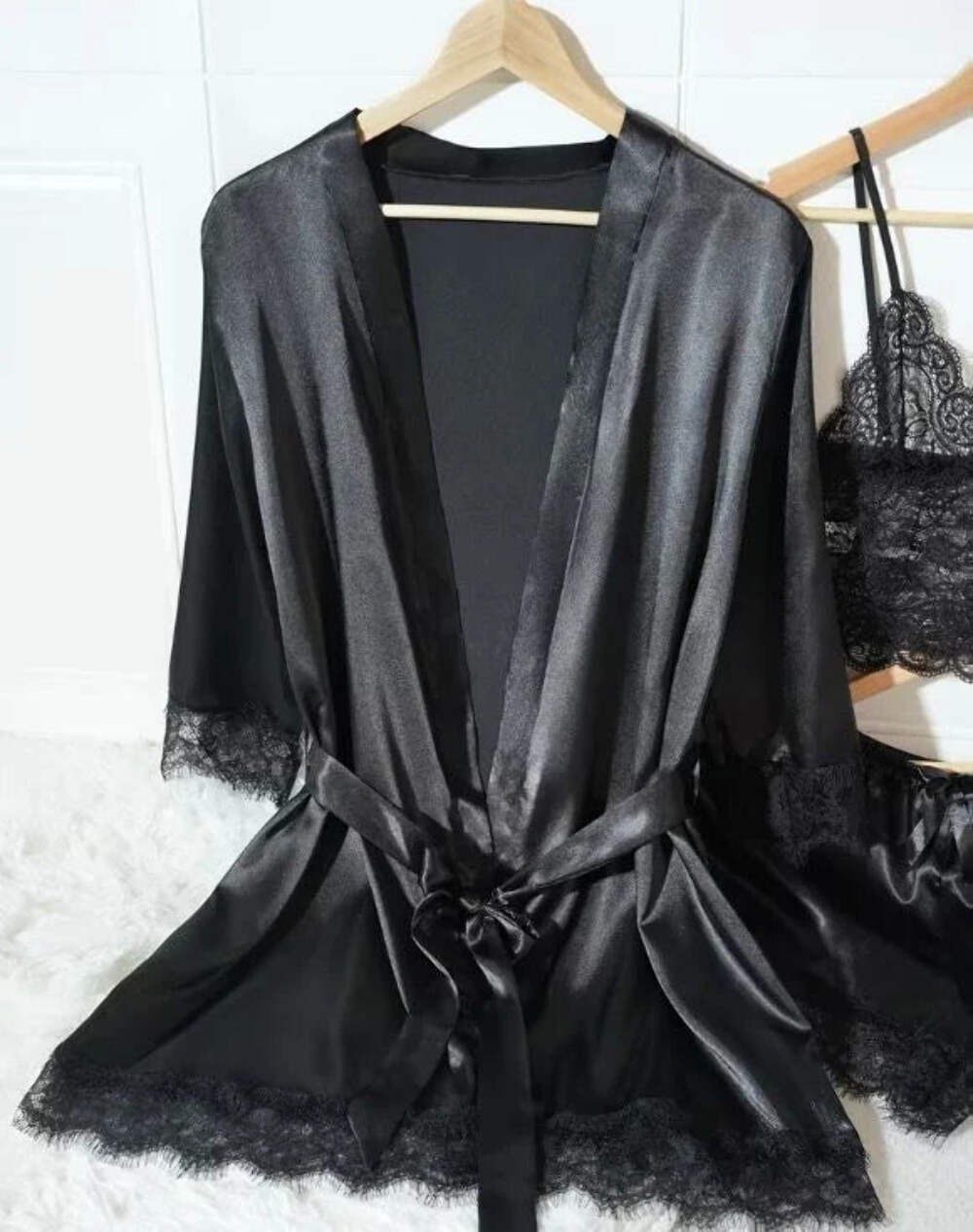 Silky feel black satin black lace trim 4 piece lingerie set size 12-14 (L)