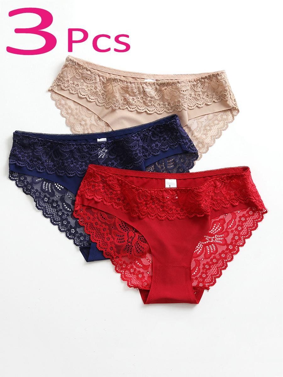 3-pack Women’s Lace Stitching Briefs, Ice Silk Comfortable and Breathable Thongs