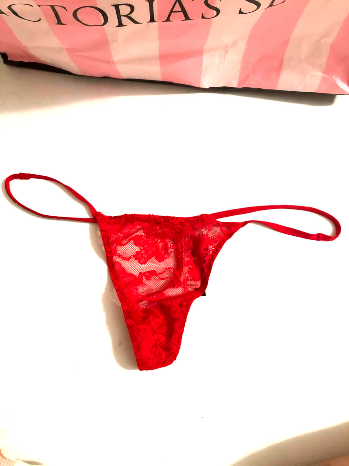 Victoria’s Secret T-Back Shine Strap Rhinestone V-String Panty Red Lace NWT