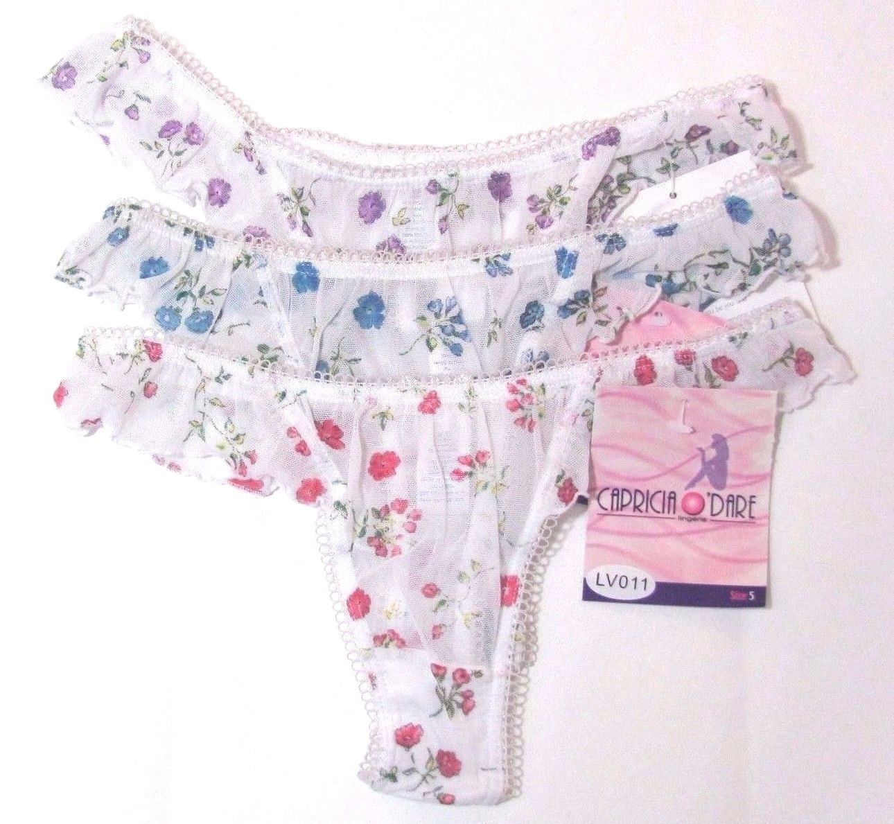 B4 CAPRICIA O’DARE White Floral Sheer Frilly thong sissy bikini panties 5 6 9