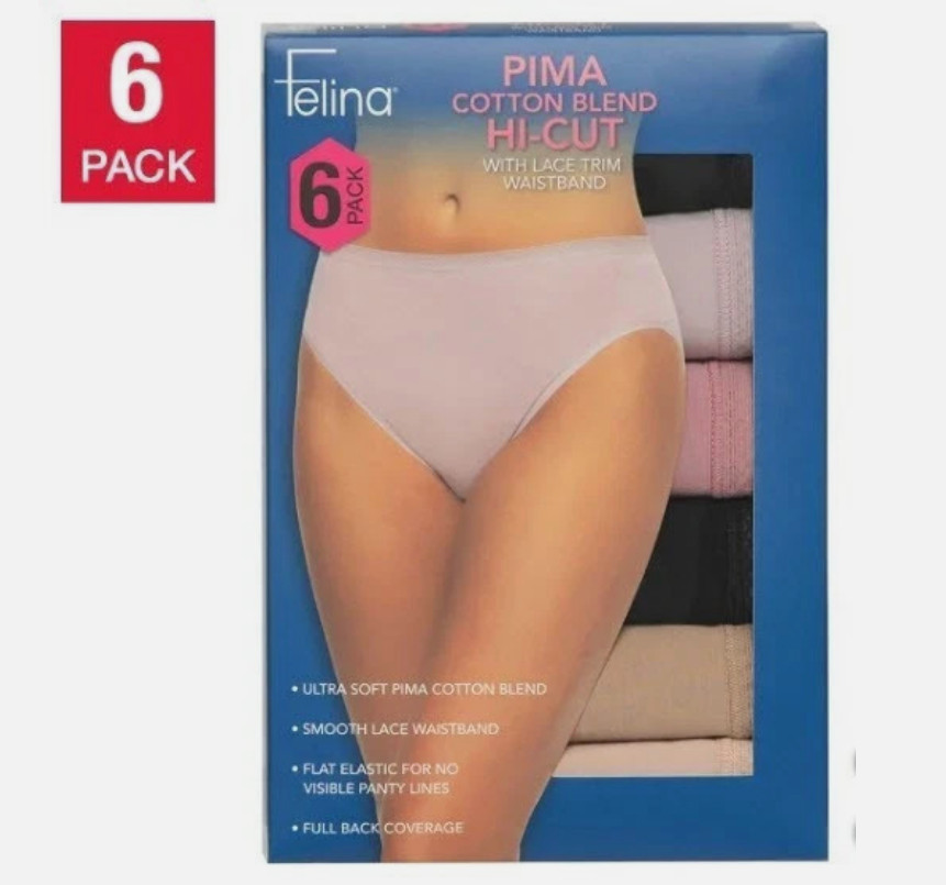Felina Womens 6 Pack Large Pima Cotton Blend Hi Cut Briefs – Black Pink Brown