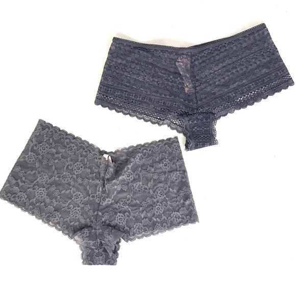 Victoria’s Secret Grey Lace Shortie Panties Set of 2 Floral Geometric Small NWT