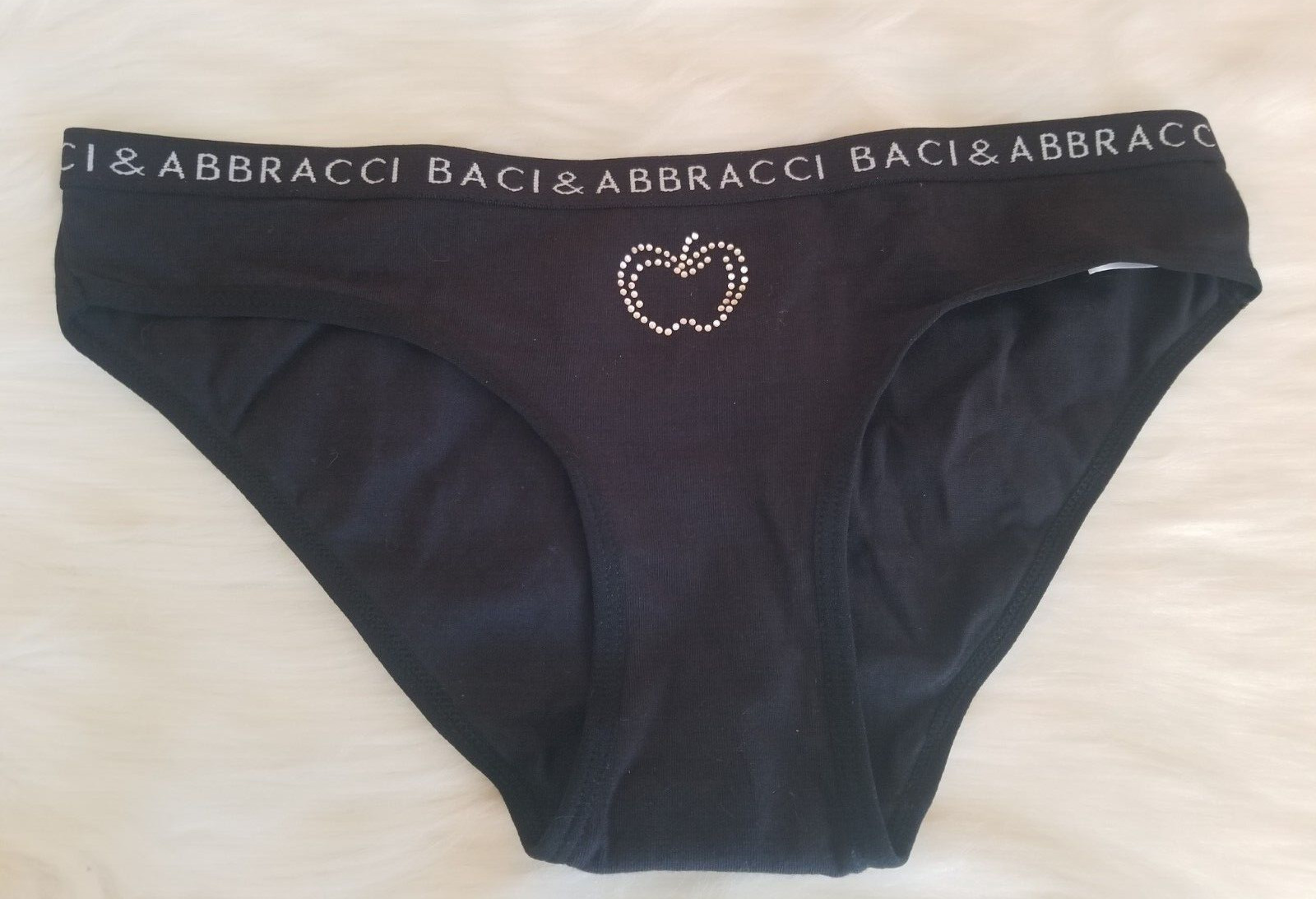 NEW BACI & ABBRACCI BLACK PANTY APPLE CRYSTAL DESIGN LOGO WAIST SMALL NEW