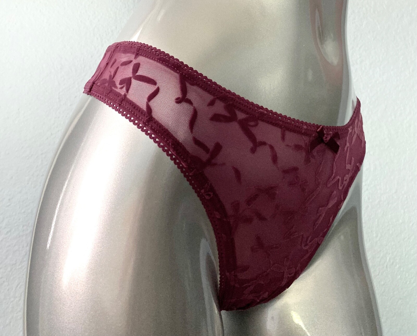 Victoria’s Secret Thong Panty Very Berry Sheer Mesh Velvet Flocked Sexy L XL