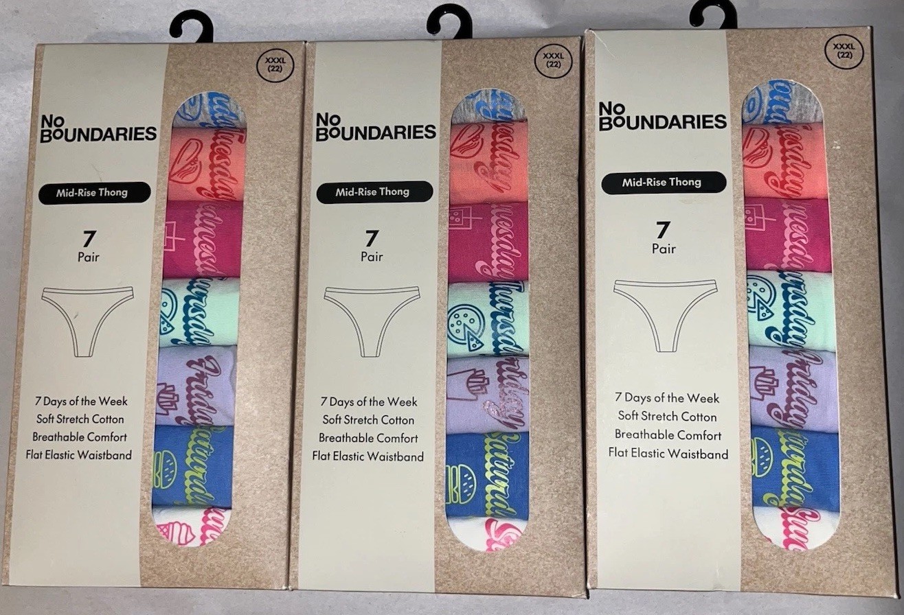 (3) No Boundaries L Mid-Rise Thong Panties 7 Days of the Week Pack XXXL 22 New