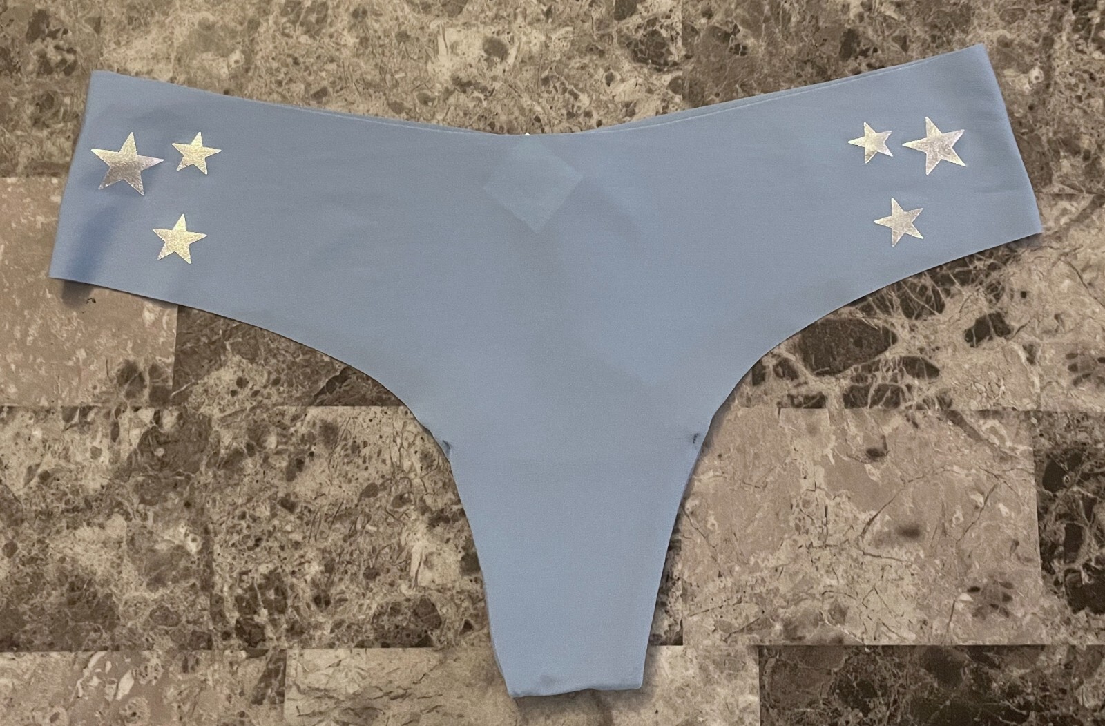 NWT VICTORIA’S SECRET PINK MEDIUM BLUE SILVER STAR RARE NO SHOW THONG PANTIES