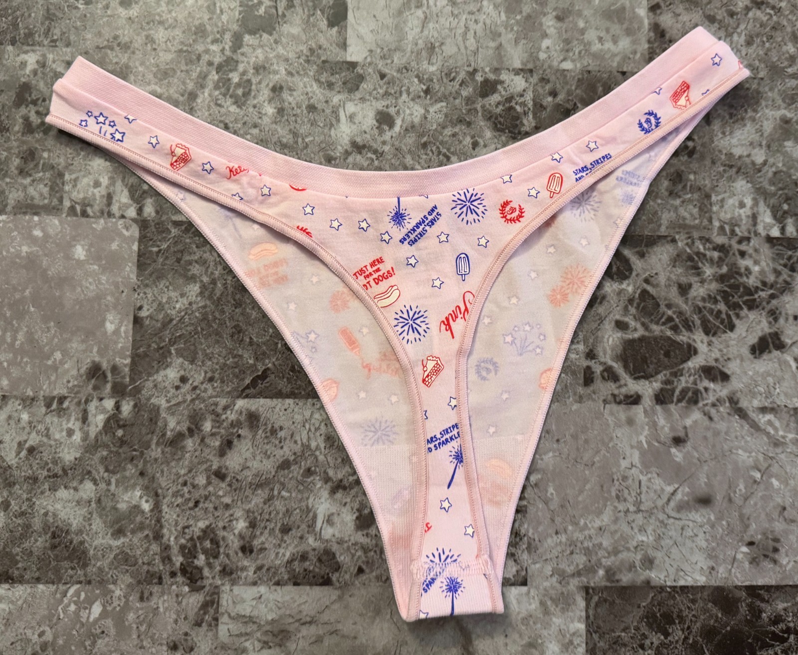 VICTORIA’S SECRET PINK HOTDOG FIREWORK PATRIOTIC SEAMLESS HIGH LEG THONG PANTIES