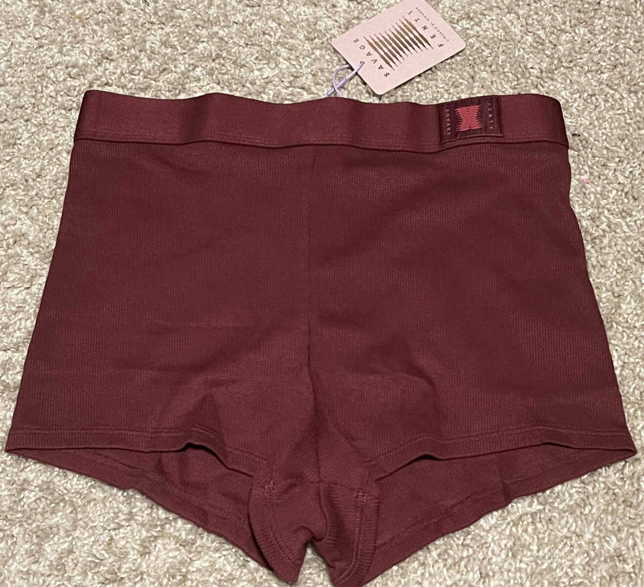 Savage X Fenty Women’s Rib Knit Xssentials Boy Short, Red Cocoa, Sz Small NWT