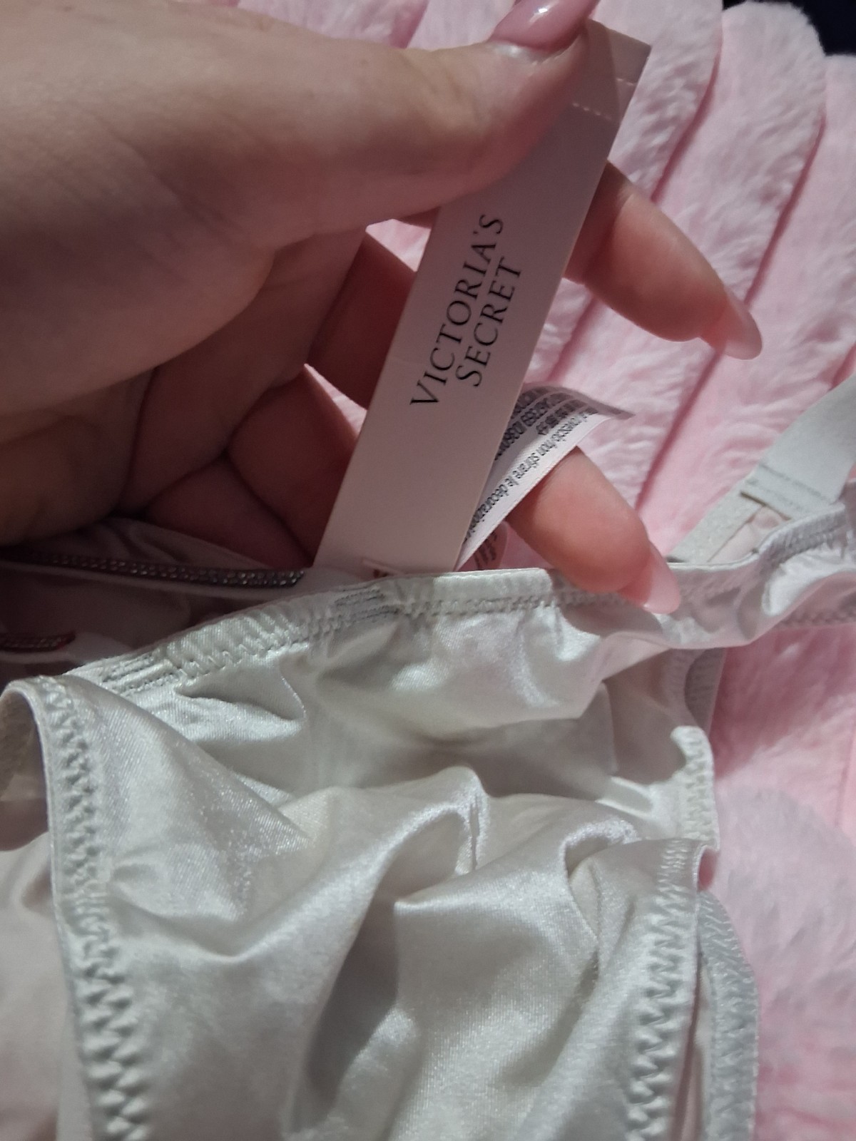 Victoria’s Secret White Satin Thong/String Panties Rhinestone Star, L Stretch