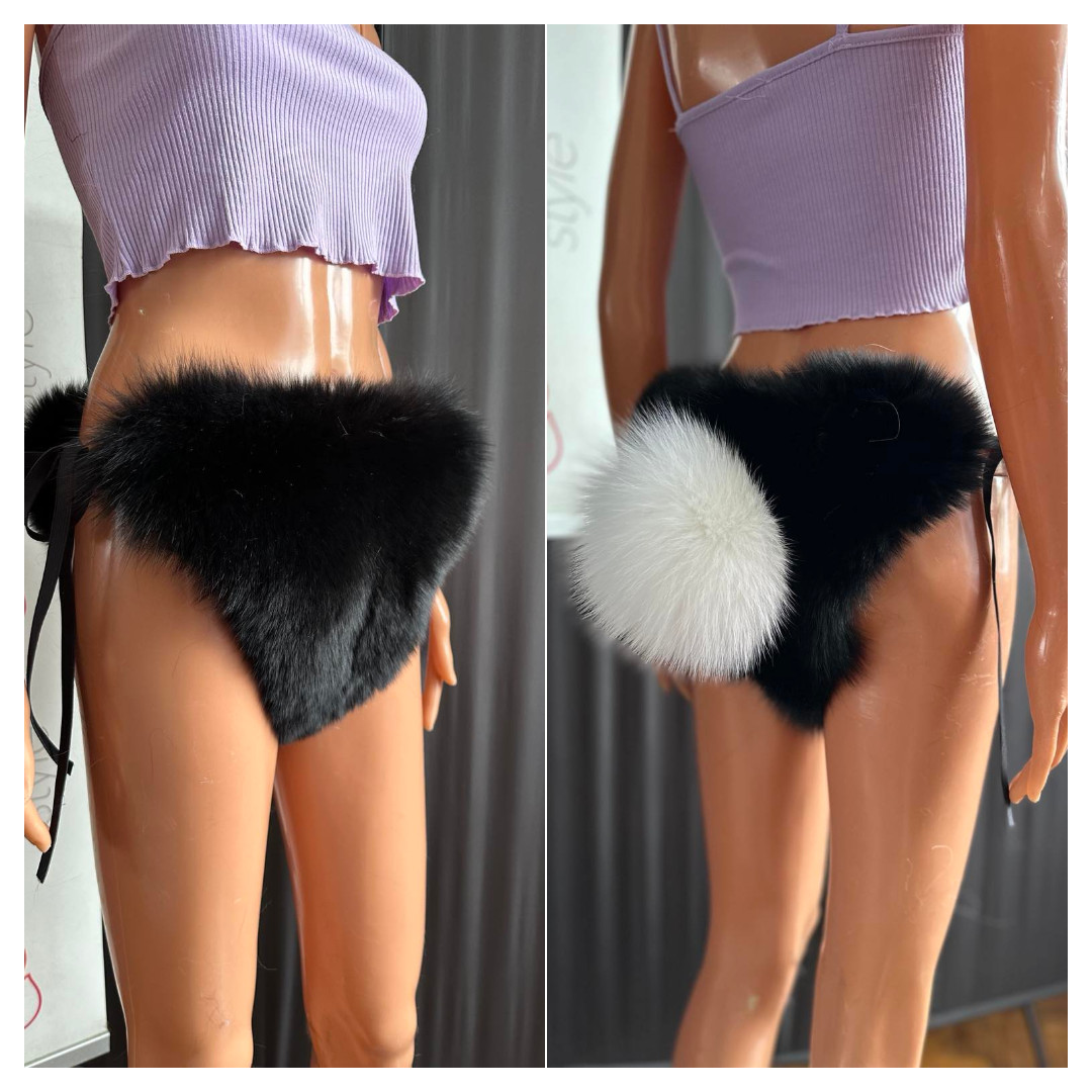 Real fur panties low waist with white bunny tail from Blue fox fur in black