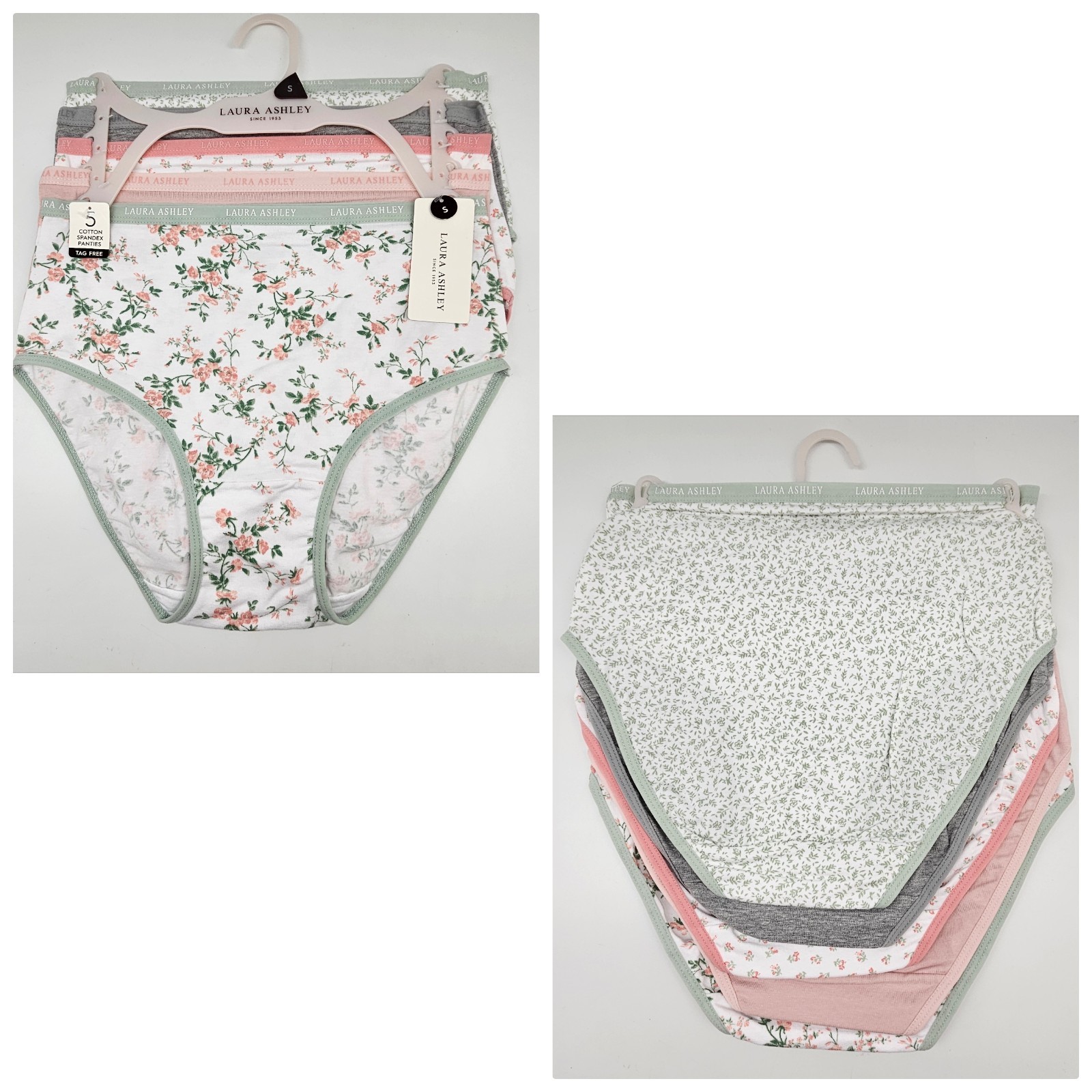 LAURA ASHLEY 5 Pack Women’s S M L XL Logo Cotton Panties White Gray Green Pink