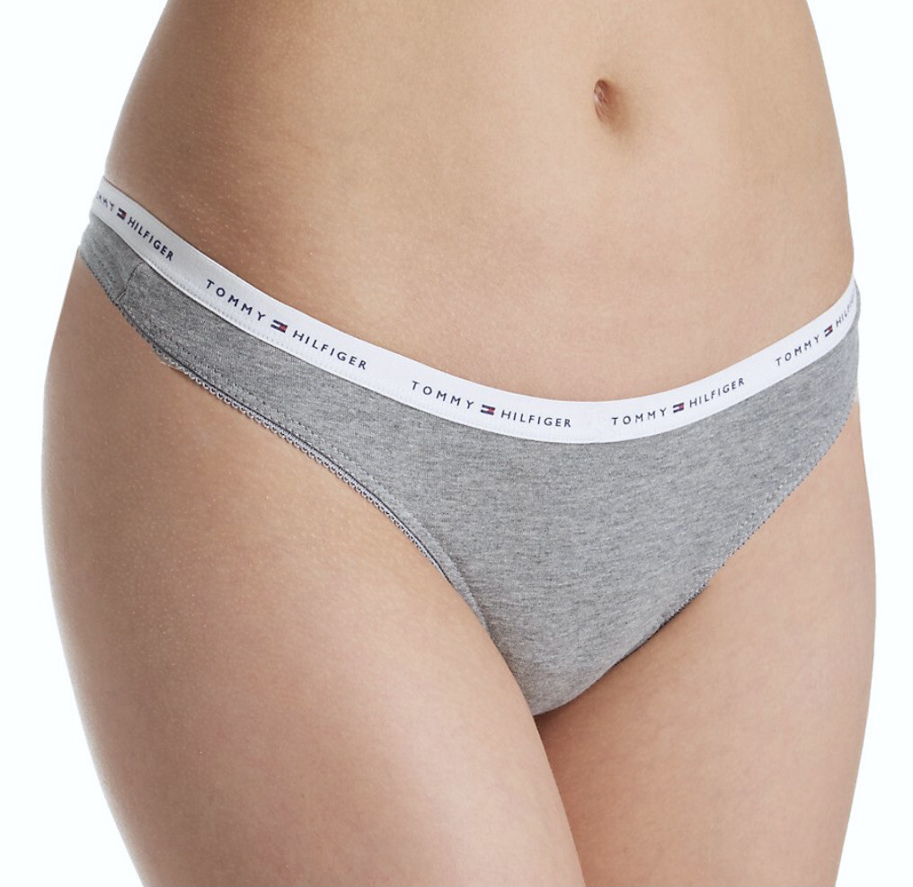 TOMMY HILFIGER Classic Cotton Heather Grey Logo Band Thong Panty NEW Womens L 7