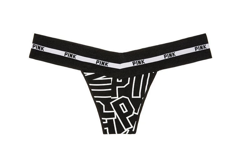 Victorias Secret PINK Smooth Seamless Logo Waistband Thong Panties Black Medium