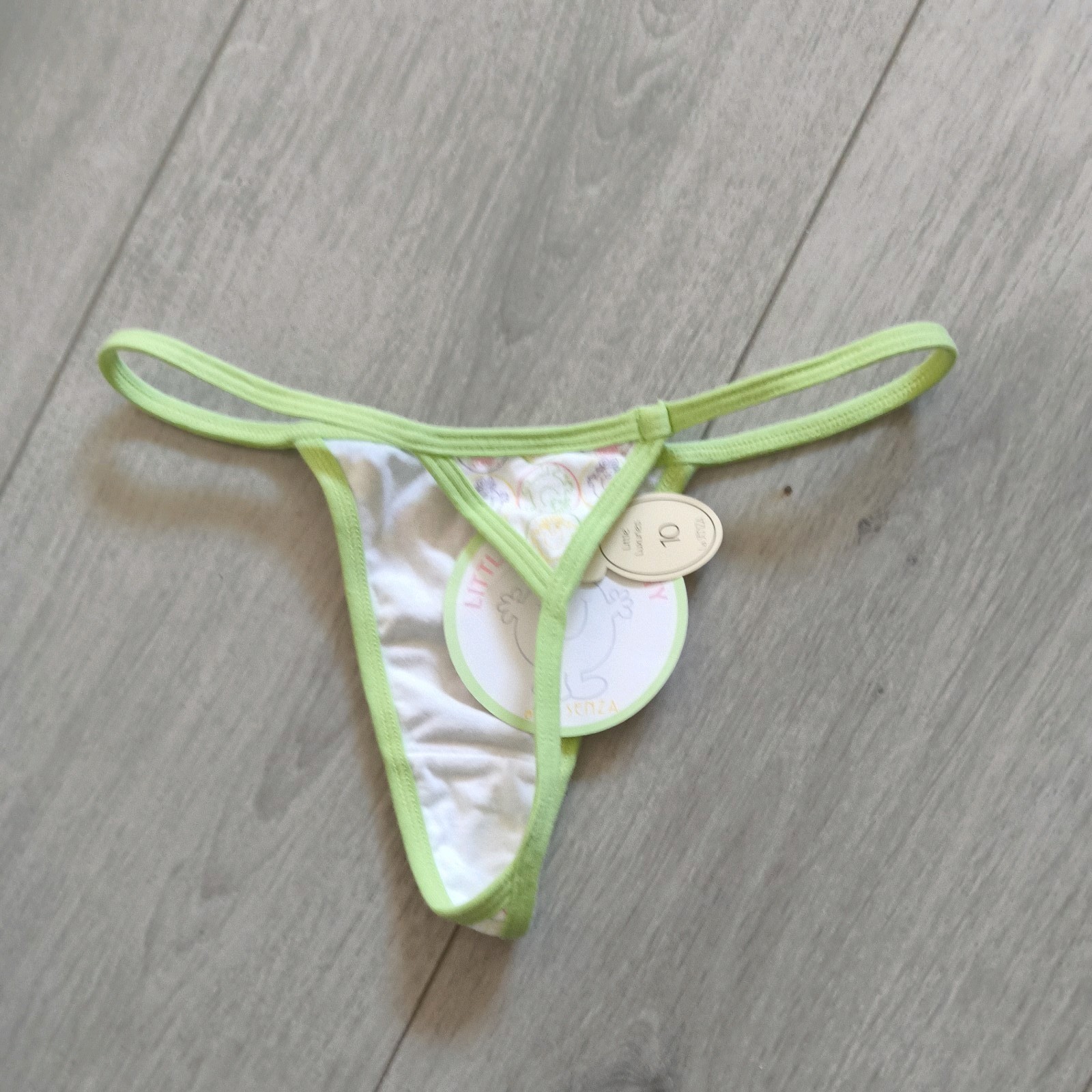 BNWT Vintage La Senza White & Green Little Miss Naughty Thong Size 6-8